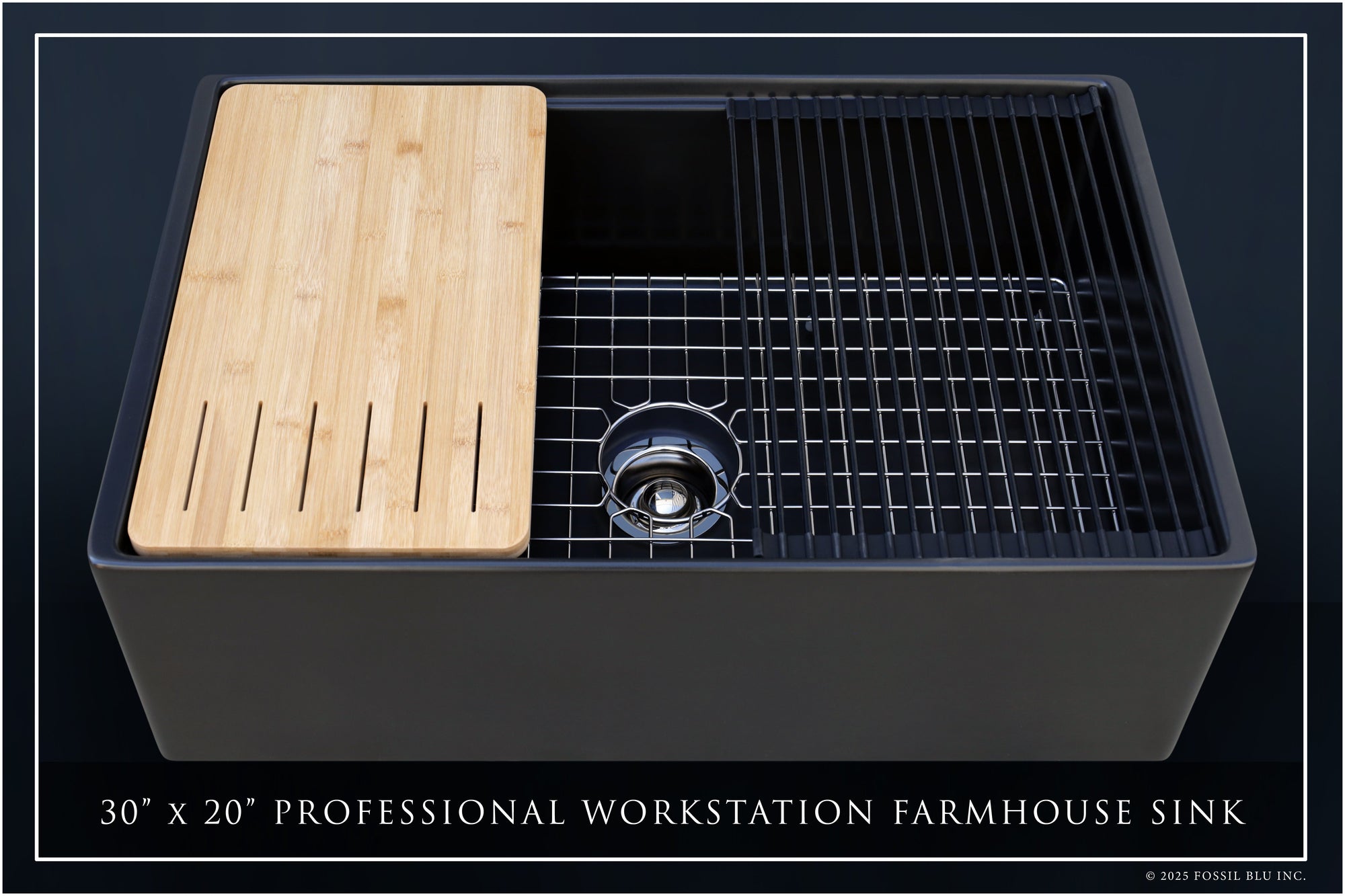 FSW1321PN LUXURY 30-INCH SOLID FIRECLAY WORKSTATION APRON-FRONT SINK IN BLACK, INCLUDES TOP AND POLISHED NICKEL BOTTOM ACCESSORIES, FLAT FRONT