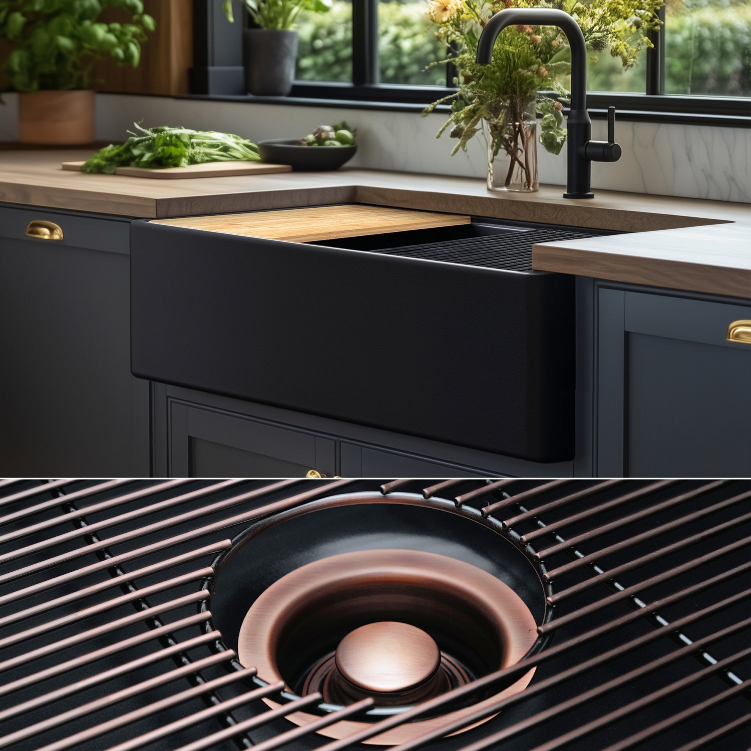 FSW1322AC LUXURY 33-INCH SOLID FIRECLAY WORKSTATION APRON-FRONT SINK IN BLACK, INCLUDES TOP AND ANTIQUE COPPER BOTTOM ACCESSORIES, FLAT FRONT