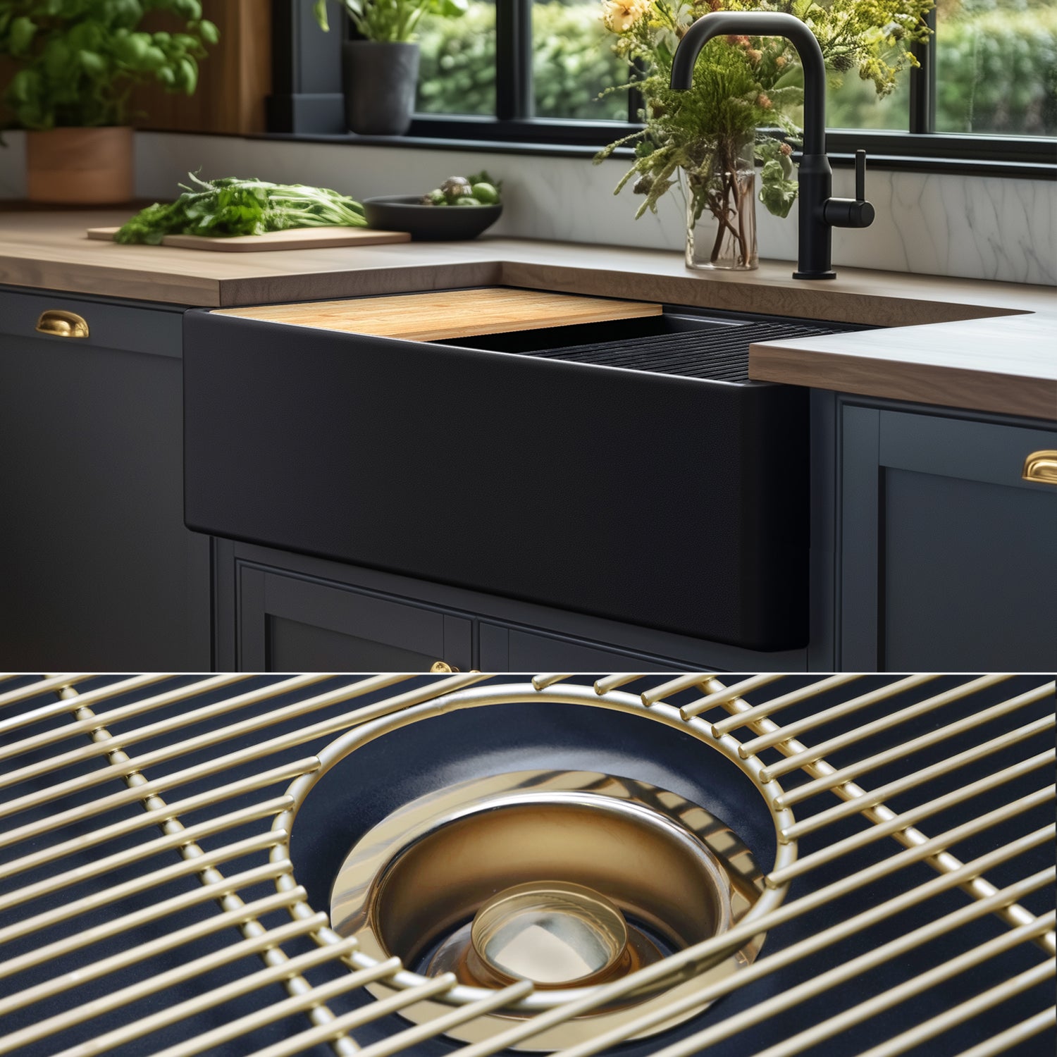 FSW1322BB LUXURY 33-INCH SOLID FIRECLAY WORKSTATION APRON-FRONT SINK IN BLACK, INCLUDES TOP AND MATTE GOLD BOTTOM ACCESSORIES, FLAT FRONT