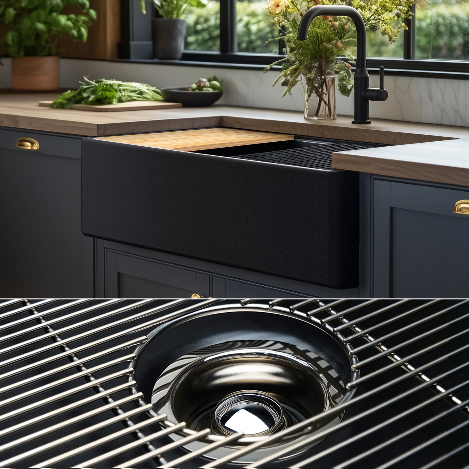 FSW1322PN LUXURY 33-INCH SOLID FIRECLAY WORKSTATION APRON-FRONT SINK IN BLACK, INCLUDES TOP AND POLISHED NICKEL BOTTOM ACCESSORIES, FLAT FRONT