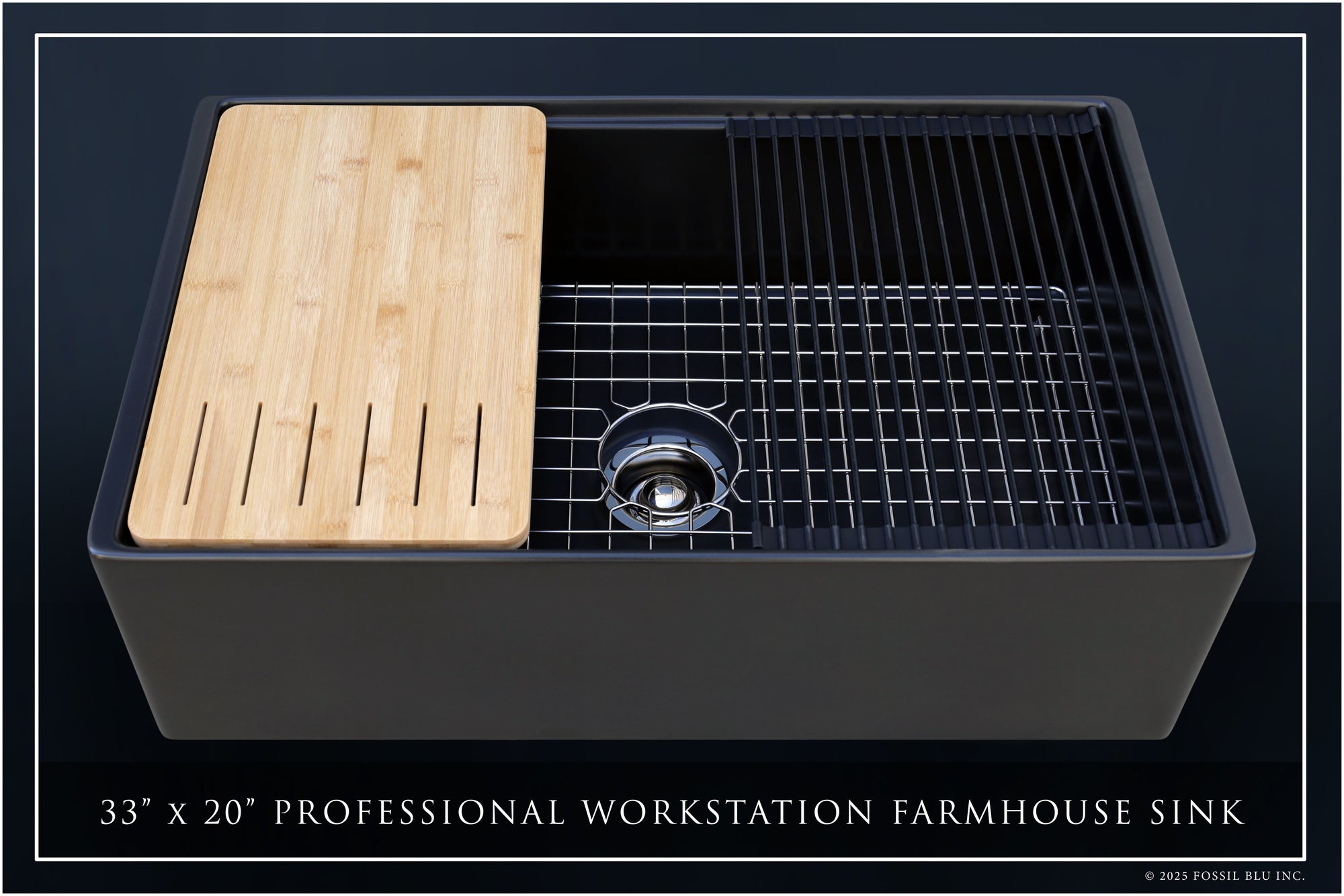 FSW1322PN LUXURY 33-INCH SOLID FIRECLAY WORKSTATION APRON-FRONT SINK IN BLACK, INCLUDES TOP AND POLISHED NICKEL BOTTOM ACCESSORIES, FLAT FRONT