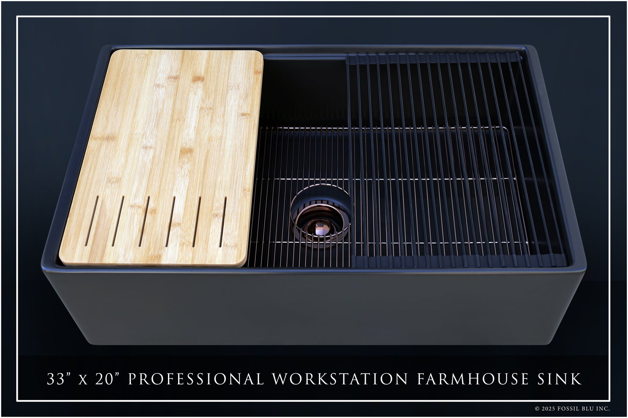FSW1322RG LUXURY 33-INCH SOLID FIRECLAY WORKSTATION APRON-FRONT SINK IN BLACK, INCLUDES TOP AND POLISHED ROSE GOLD BOTTOM ACCESSORIES, FLAT FRONT