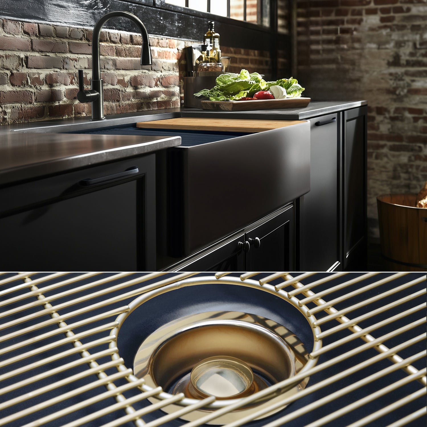 FSW1323BB LUXURY 33-INCH SOLID FIRECLAY WORKSTATION APRON-FRONT SINK IN BLACK, INCLUDES TOP AND MATTE GOLD BOTTOM ACCESSORIES, FLAT FRONT