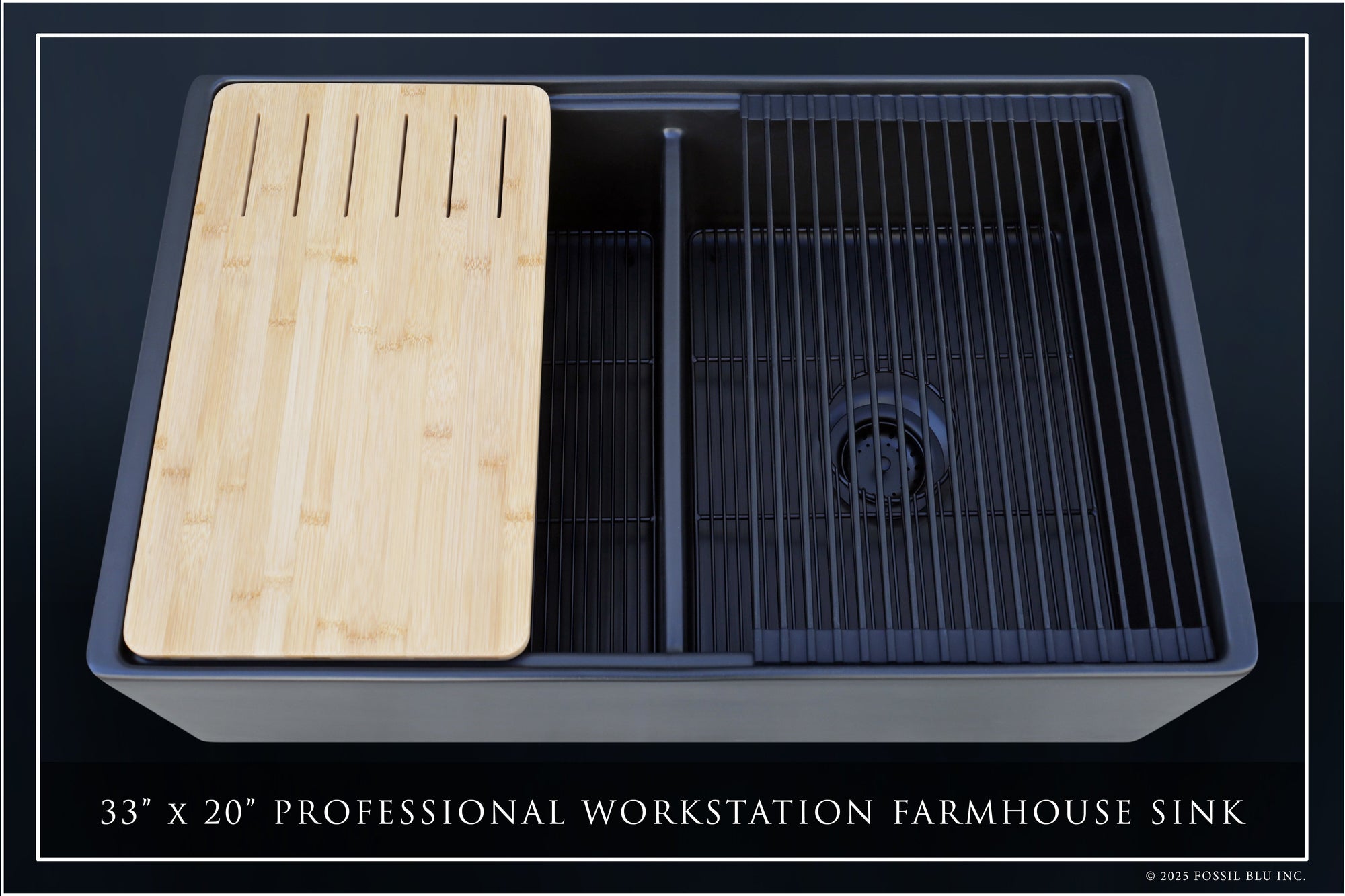 FSW1323MB LUXURY 33-INCH SOLID FIRECLAY WORKSTATION APRON-FRONT SINK IN BLACK, INCLUDES TOP AND MATTE BLACK BOTTOM ACCESSORIES, FLAT FRONT
