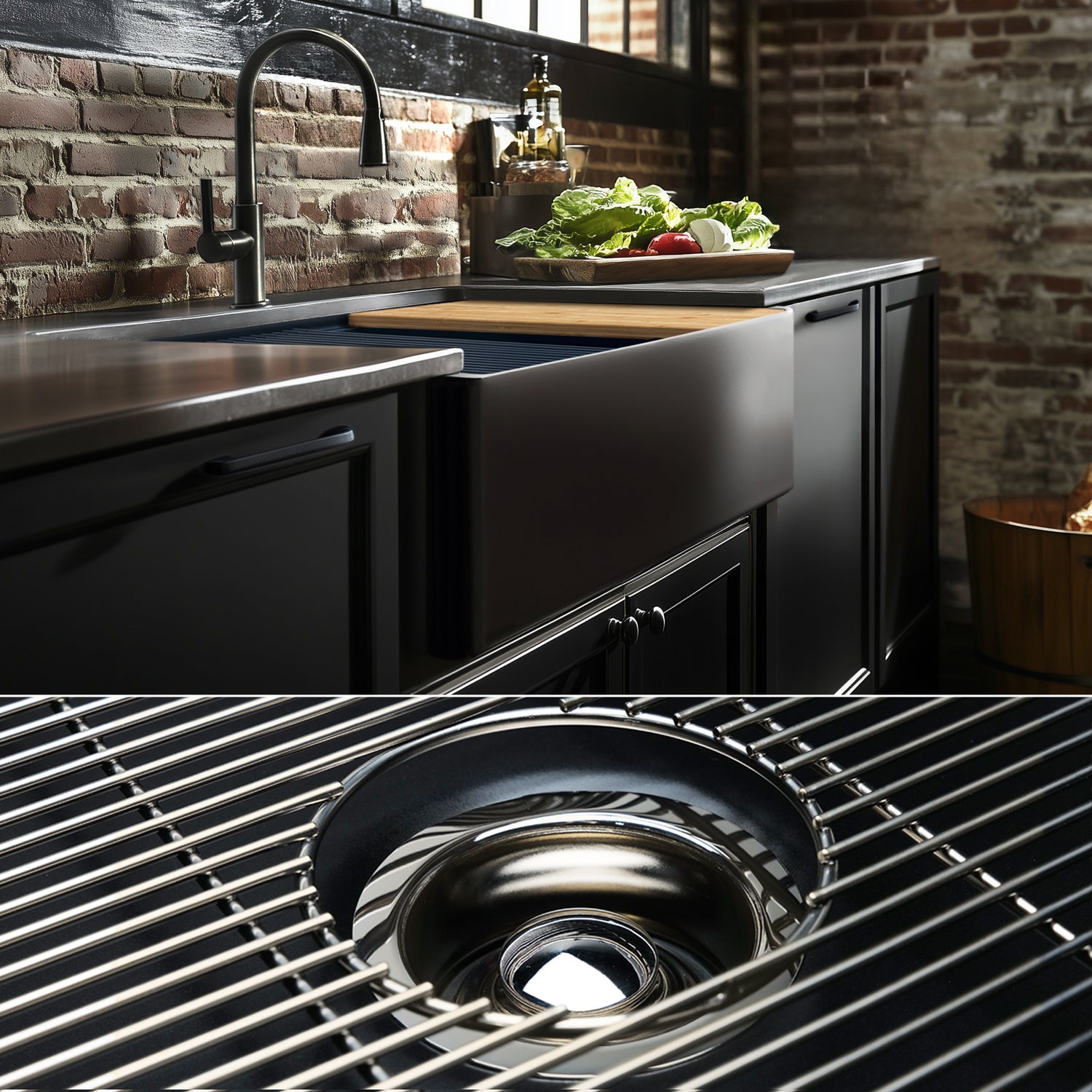 FSW1323PN LUXURY 33-INCH SOLID FIRECLAY WORKSTATION APRON-FRONT SINK IN BLACK, INCLUDES TOP AND POLISHED NICKEL BOTTOM ACCESSORIES, FLAT FRONT