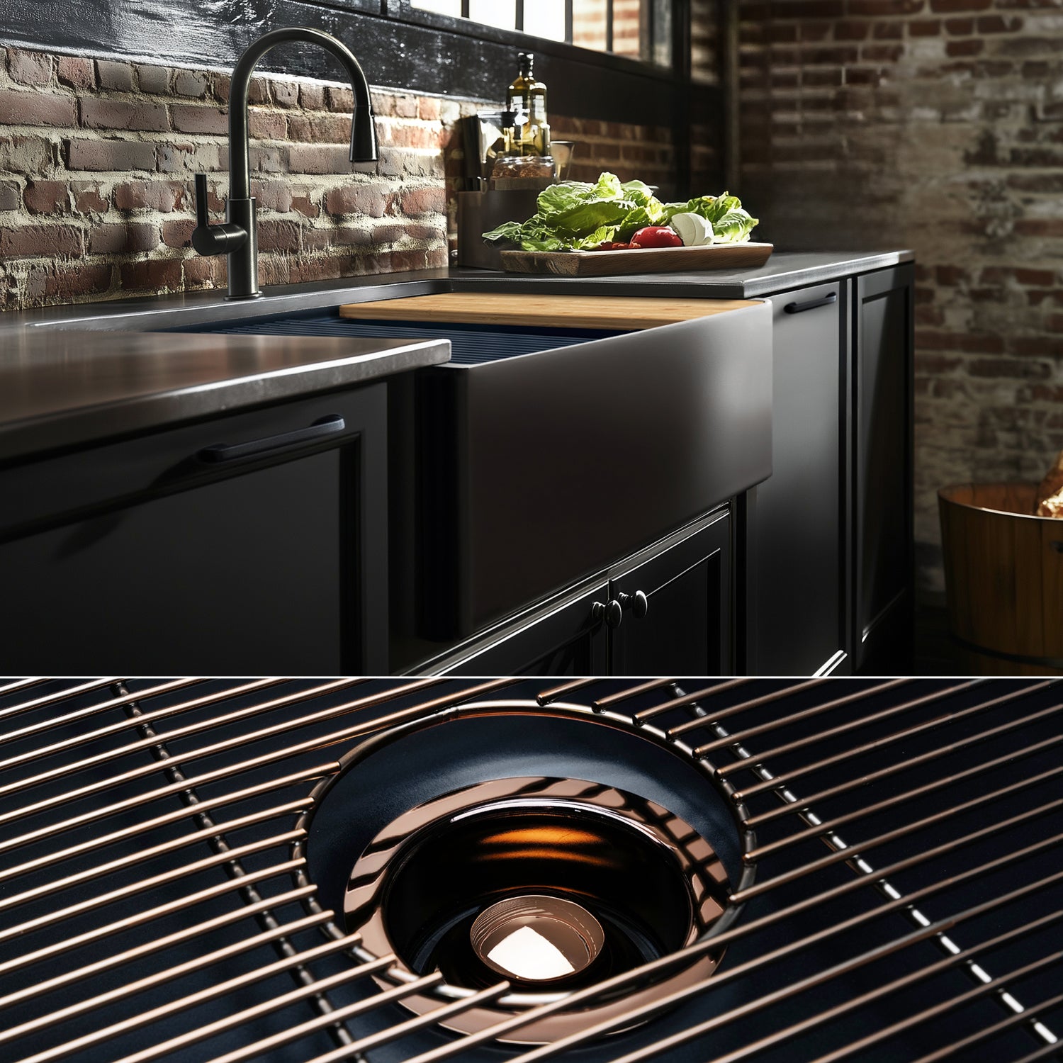 FSW1323RG LUXURY 33-INCH SOLID FIRECLAY WORKSTATION APRON-FRONT SINK IN BLACK, INCLUDES TOP AND POLISHED ROSE GOLD BOTTOM ACCESSORIES, FLAT FRONT