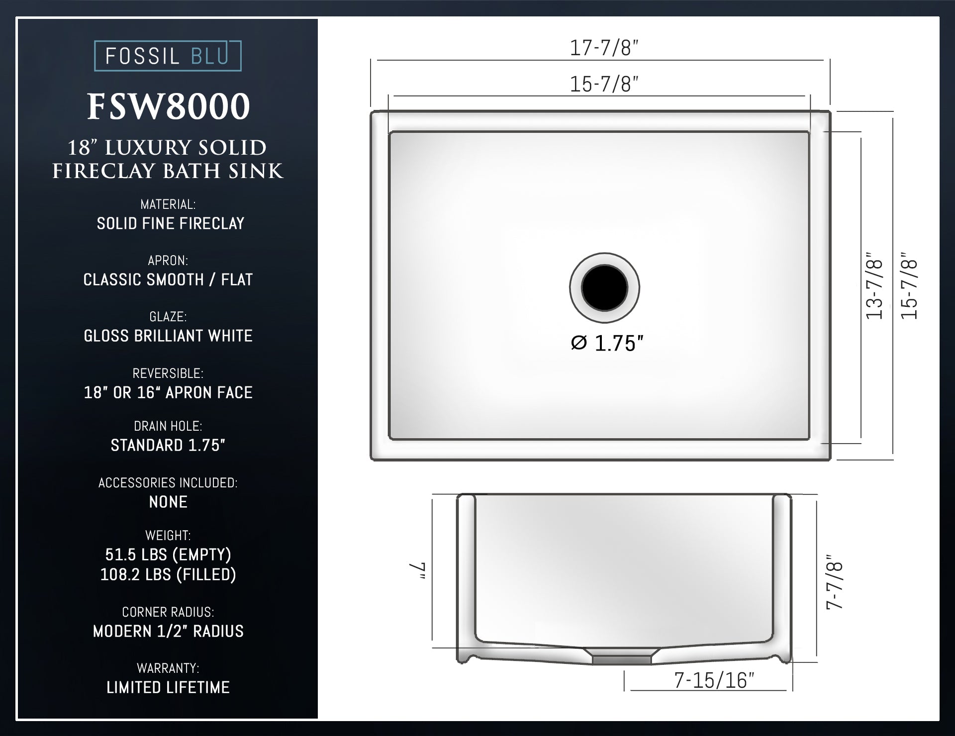 FSW8000 LUXURY 18 x 16 INCH REVERSIBLE SOLID FIRECLAY BATHROOM FARMHOUSE SINK IN WHITE, FLAT FRONT