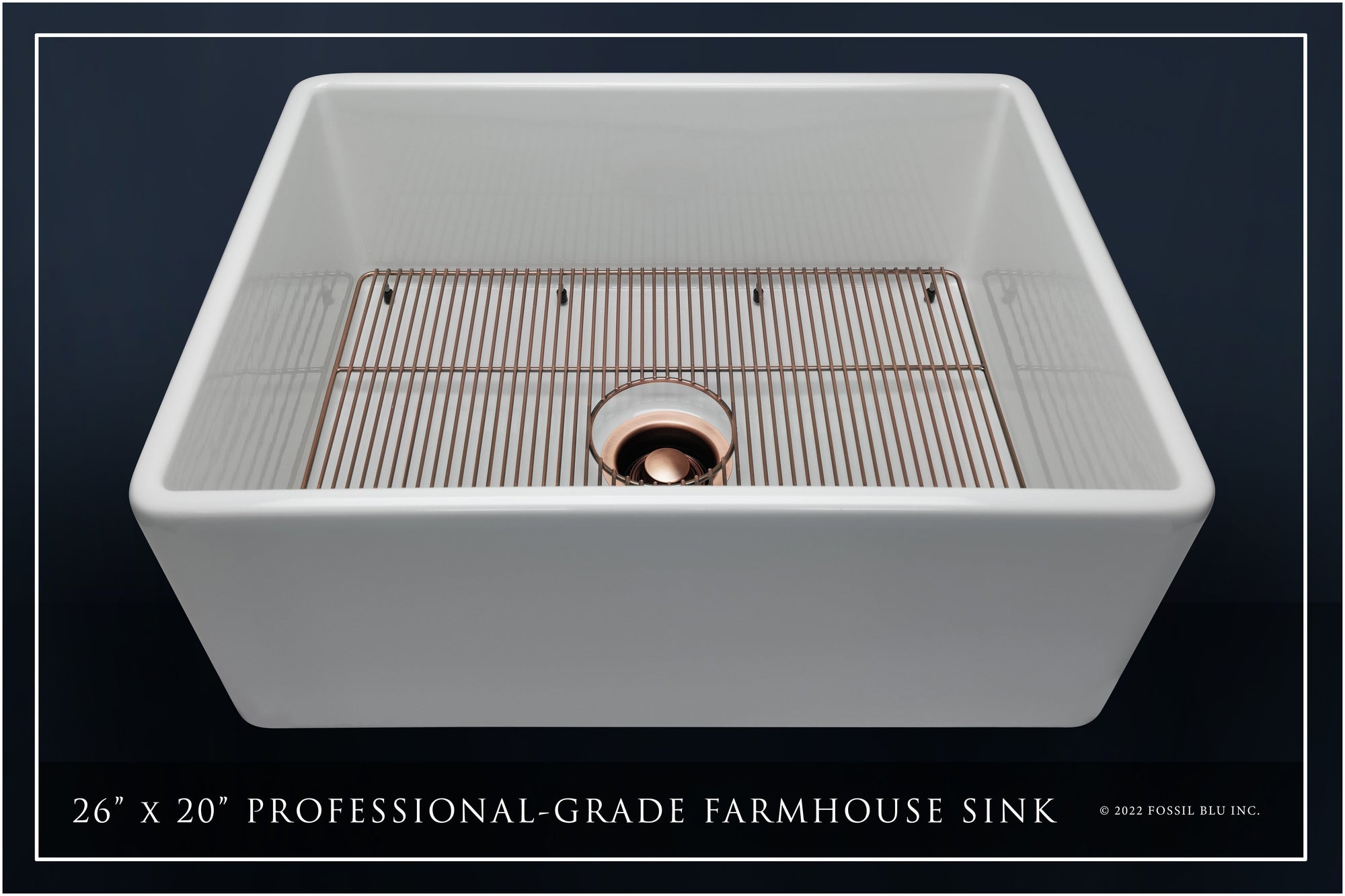 FSW1000AC LUXURY 26-INCH SOLID FIRECLAY FARMHOUSE SINK IN WHITE, ANTIQUE COPPER ACCS, FLAT FRONT