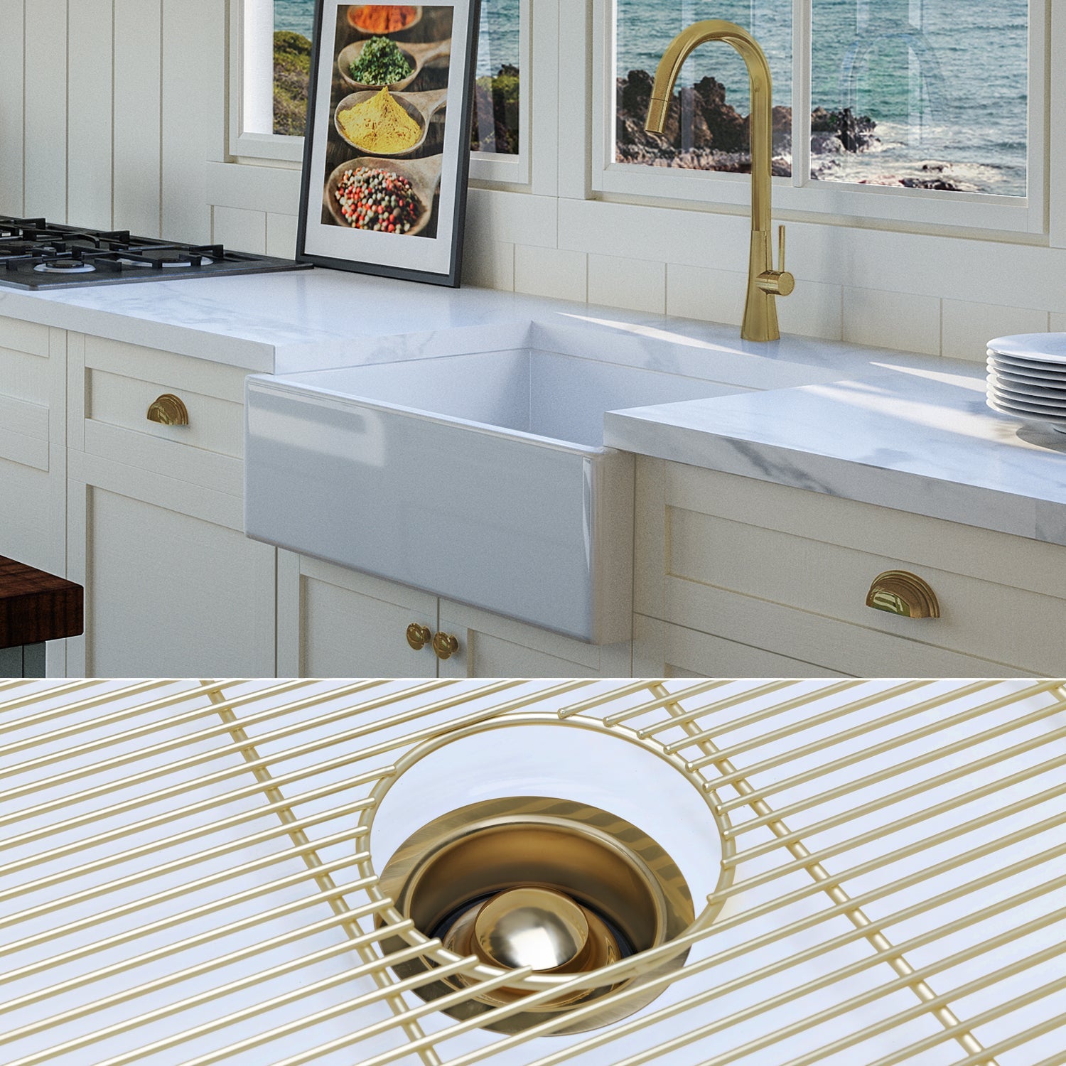 FSW1000BB LUXURY 26-INCH SOLID FIRECLAY FARMHOUSE SINK IN WHITE, MATTE GOLD ACCS, FLAT FRONT