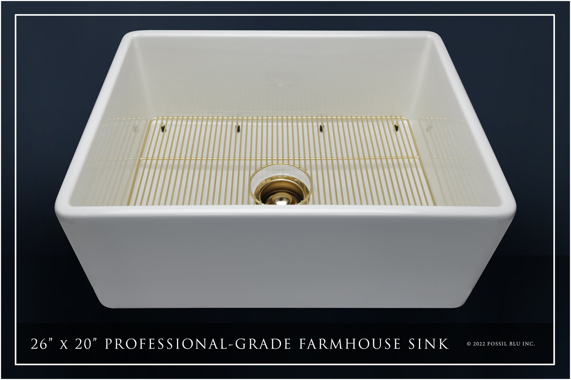 FSW1000BB LUXURY 26-INCH SOLID FIRECLAY FARMHOUSE SINK IN WHITE, MATTE GOLD ACCS, FLAT FRONT