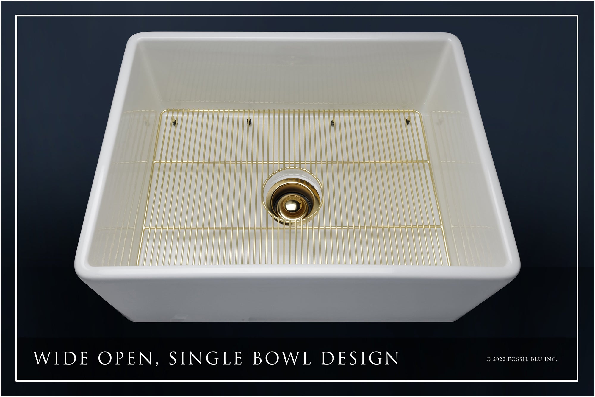 FSW1000BB LUXURY 26-INCH SOLID FIRECLAY FARMHOUSE SINK IN WHITE, MATTE GOLD ACCS, FLAT FRONT