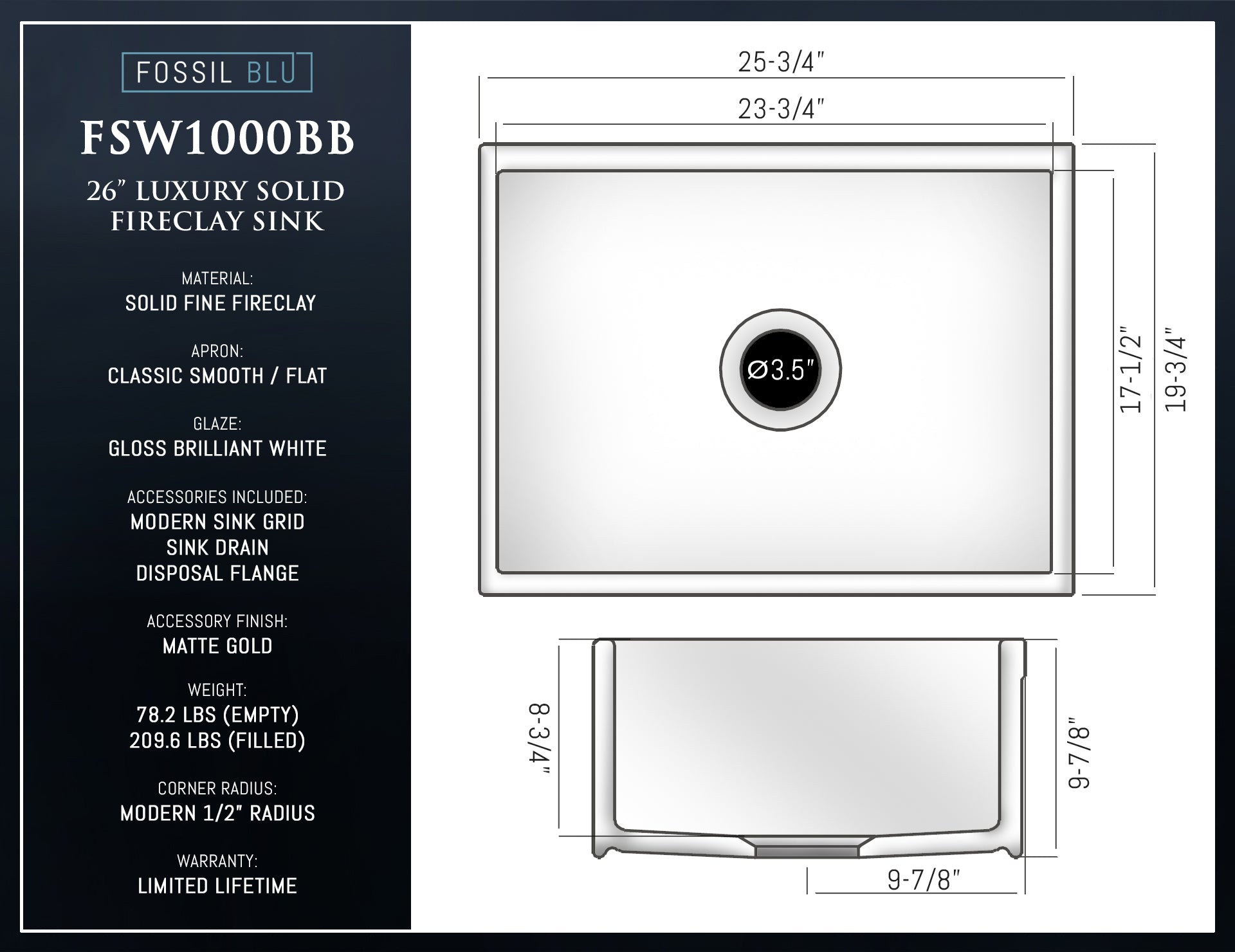 FSW1000BB LUXURY 26-INCH SOLID FIRECLAY FARMHOUSE SINK IN WHITE, MATTE GOLD ACCS, FLAT FRONT