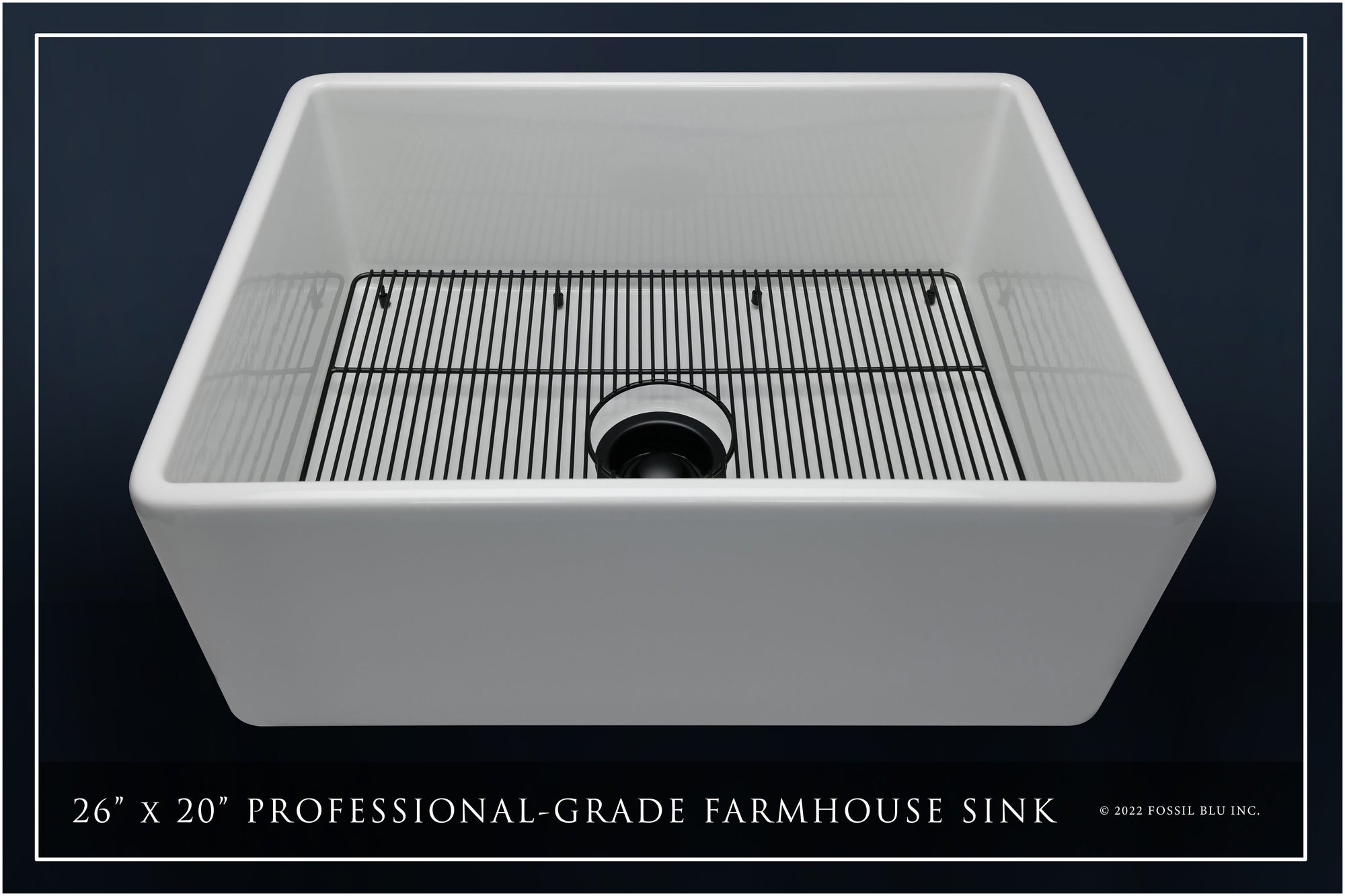 FSW1000MB LUXURY 26-INCH SOLID FIRECLAY FARMHOUSE SINK IN WHITE, MATTE BLACK ACCS, FLAT FRONT