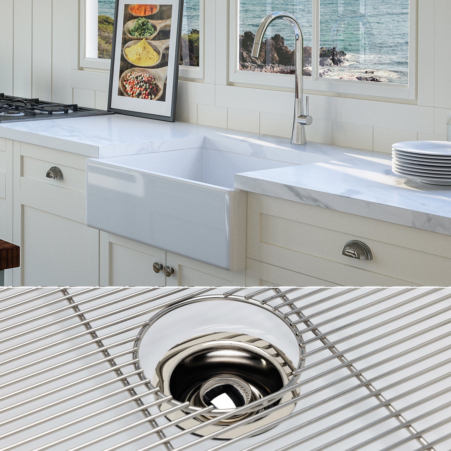 FSW1000PN LUXURY 26-INCH SOLID FIRECLAY FARMHOUSE SINK IN WHITE, POLISHED NICKEL ACCS, FLAT FRONT