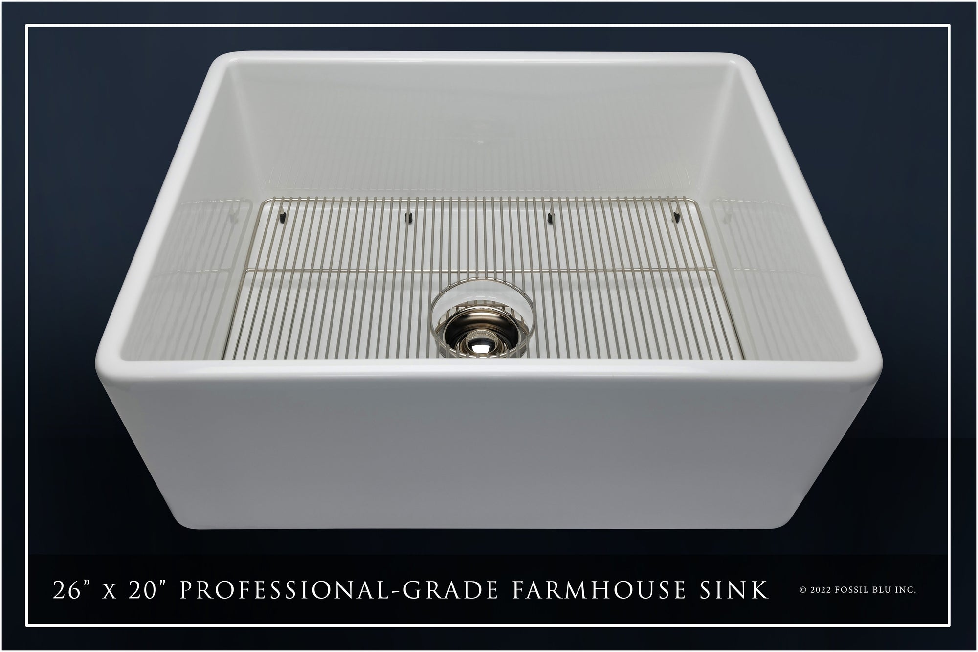 FSW1000PN LUXURY 26-INCH SOLID FIRECLAY FARMHOUSE SINK IN WHITE, POLISHED NICKEL ACCS, FLAT FRONT