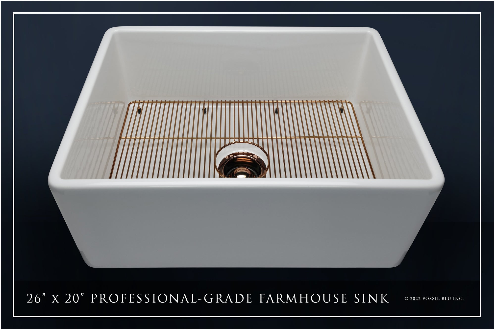 FSW1000RG LUXURY 26-INCH SOLID FIRECLAY FARMHOUSE SINK IN WHITE, POL. ROSE GOLD ACCS, FLAT FRONT