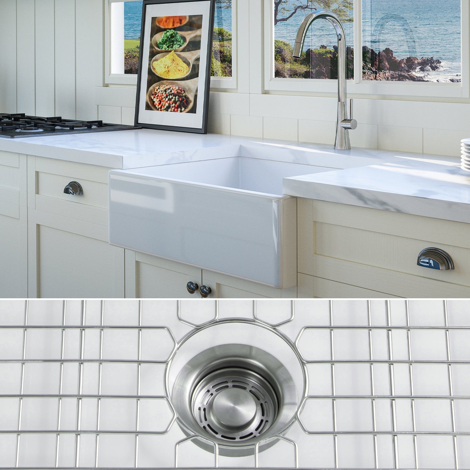 FSW1000 LUXURY 26-INCH SOLID FIRECLAY FARMHOUSE SINK IN WHITE, STAINLESS STEEL ACCS, FLAT FRONT