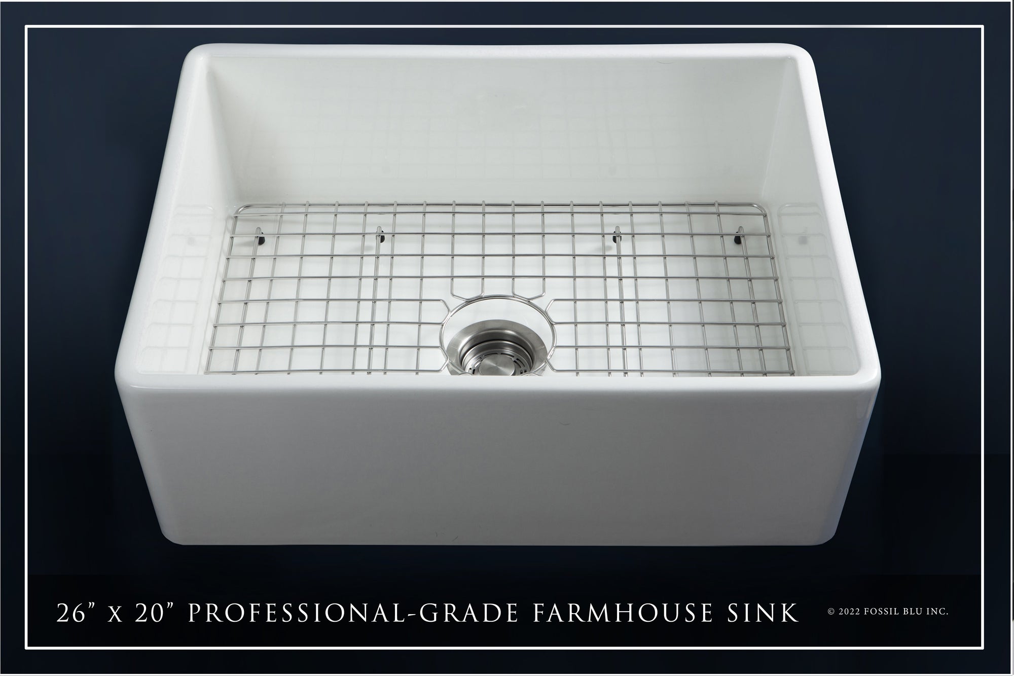 FSW1000 LUXURY 26-INCH SOLID FIRECLAY FARMHOUSE SINK IN WHITE, STAINLESS STEEL ACCS, FLAT FRONT