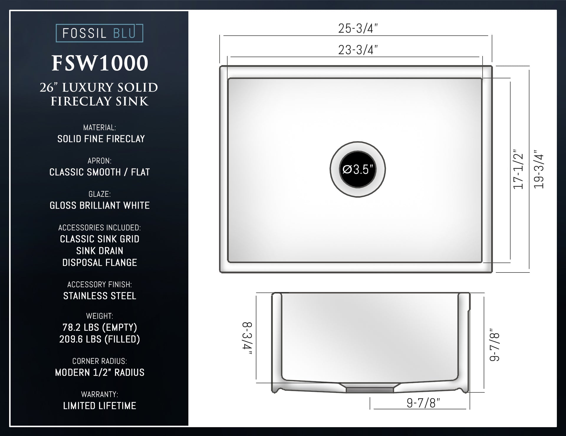 FSW1000 LUXURY 26-INCH SOLID FIRECLAY FARMHOUSE SINK IN WHITE, STAINLESS STEEL ACCS, FLAT FRONT