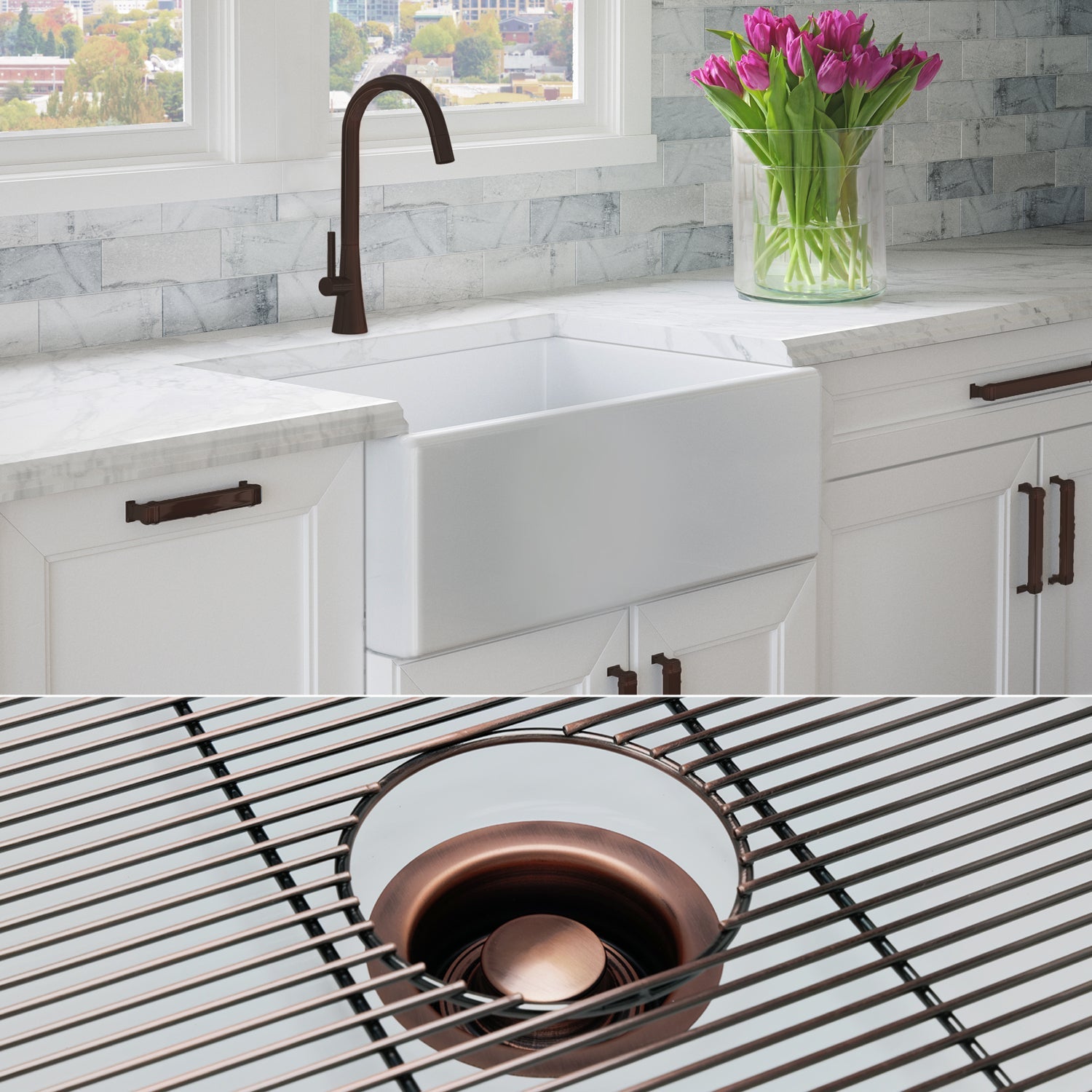FSW1001AC LUXURY 30 INCH SOLID FIRECLAY FARMHOUSE SINK IN WHITE ANTIQ Fossil Blu