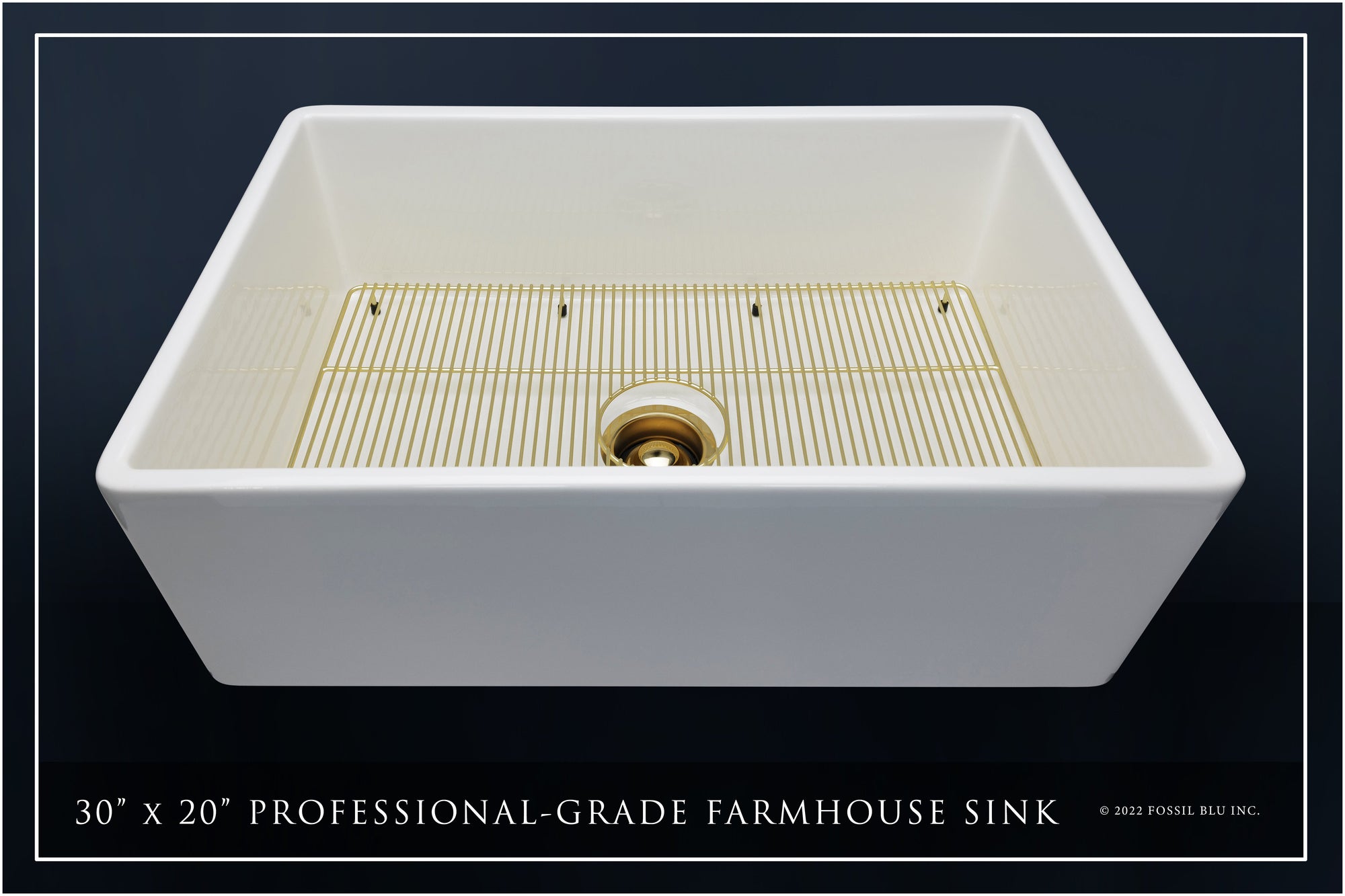 FSW1001BB LUXURY 30-INCH SOLID FIRECLAY FARMHOUSE SINK IN WHITE, MATTE GOLD ACCS, FLAT FRONT