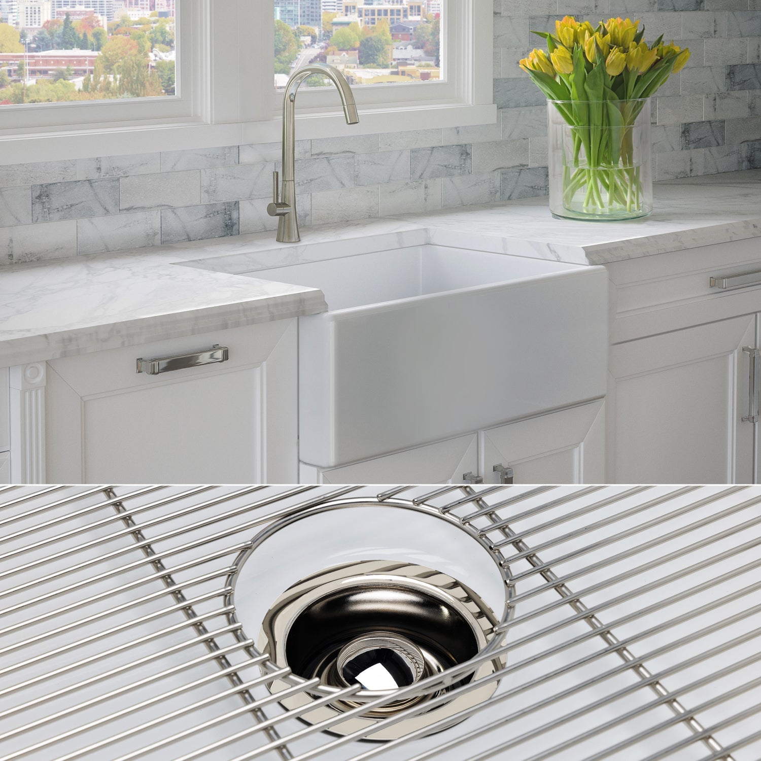 FSW1001PN LUXURY 30-INCH SOLID FIRECLAY FARMHOUSE SINK IN WHITE, POLISHED NICKEL ACCS, FLAT FRONT