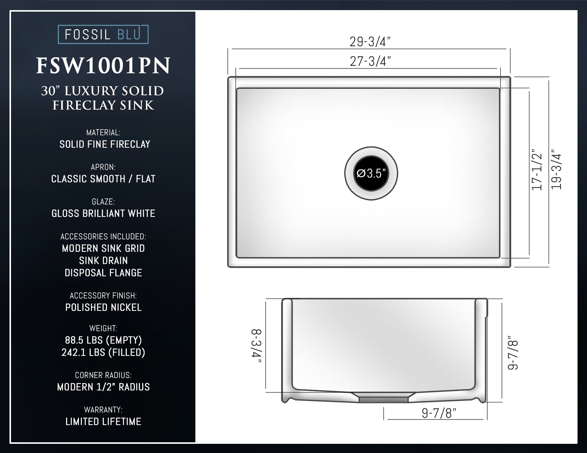 FSW1001PN LUXURY 30-INCH SOLID FIRECLAY FARMHOUSE SINK IN WHITE, POLISHED NICKEL ACCS, FLAT FRONT