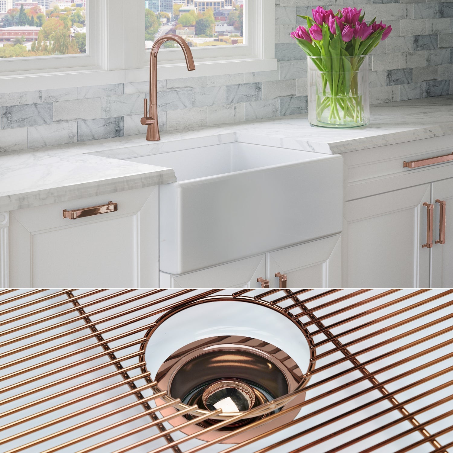 FSW1001RG LUXURY 30-INCH SOLID FIRECLAY FARMHOUSE SINK IN WHITE, POL. ROSE GOLD ACCS, FLAT FRONT