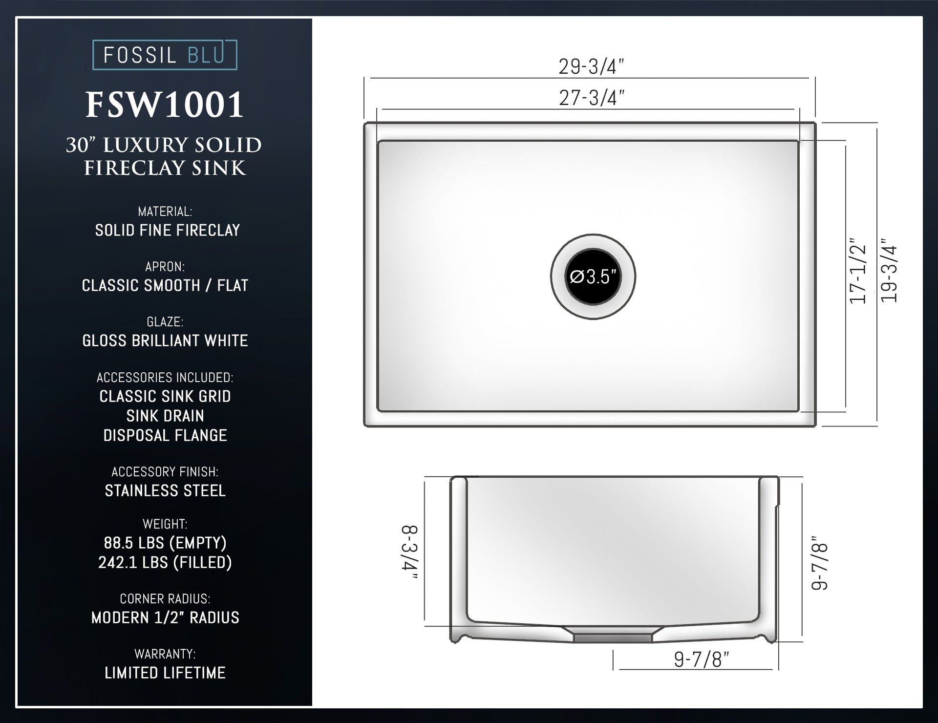 FSW1001 LUXURY 30-INCH SOLID FIRECLAY FARMHOUSE SINK IN WHITE, STAINLESS STEEL ACCS, FLAT FRONT