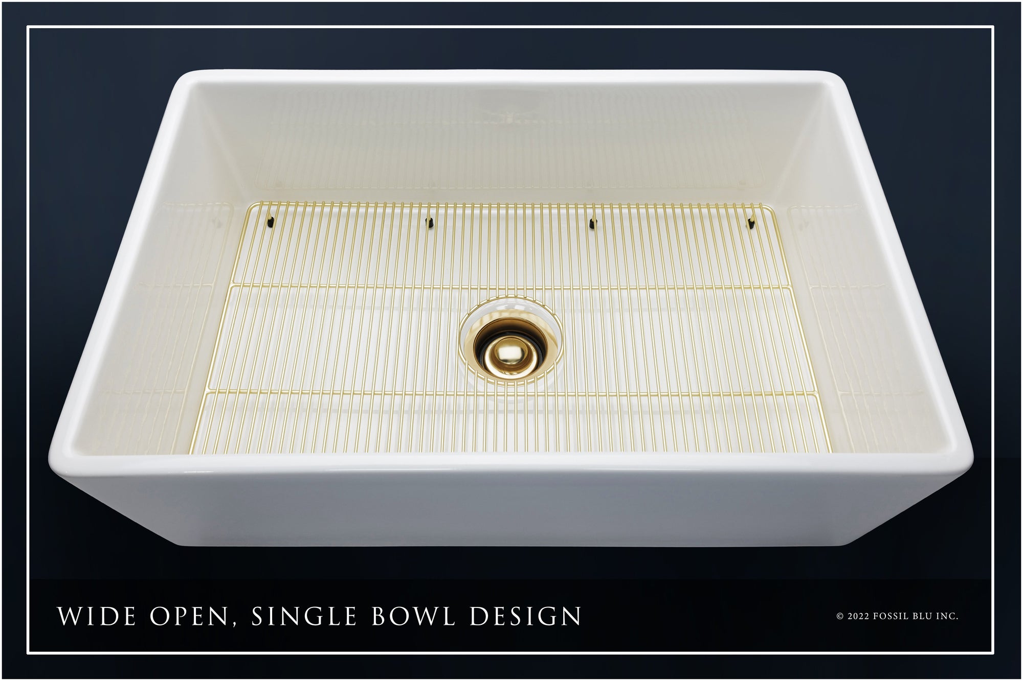 FSW1002BB LUXURY 33-INCH SOLID FIRECLAY FARMHOUSE SINK IN WHITE, MATTE GOLD ACCS, FLAT FRONT