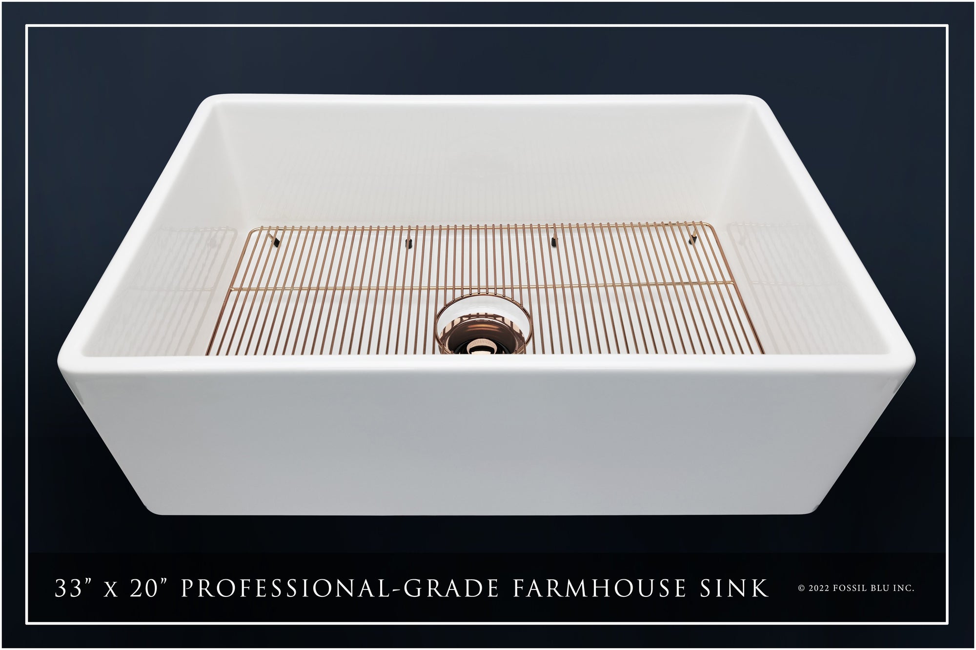 FSW1002RG LUXURY 33-INCH SOLID FIRECLAY FARMHOUSE SINK IN WHITE, POL. ROSE GOLD ACCS, FLAT FRONT