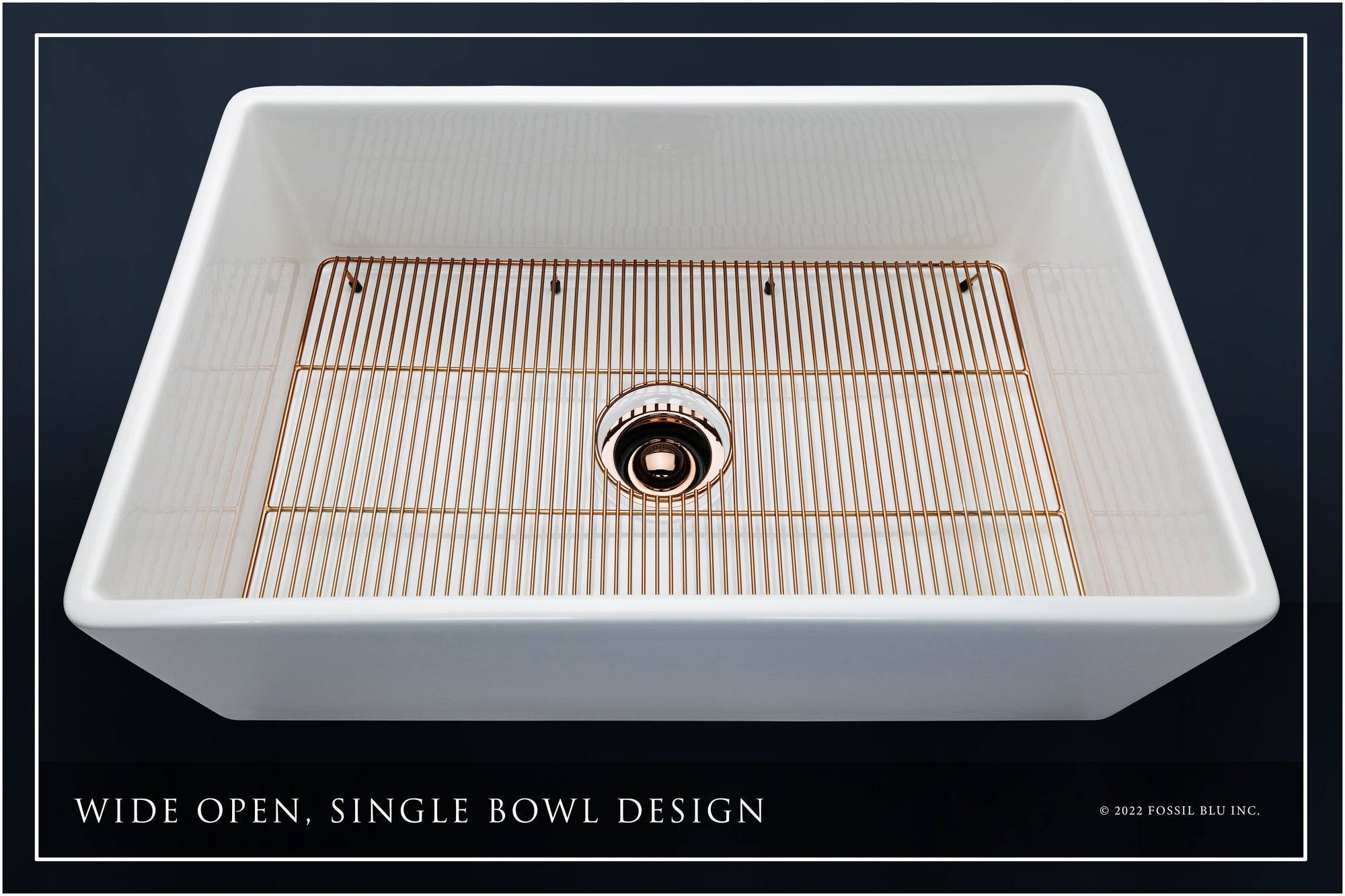 FSW1002RG LUXURY 33-INCH SOLID FIRECLAY FARMHOUSE SINK IN WHITE, POL. ROSE GOLD ACCS, FLAT FRONT