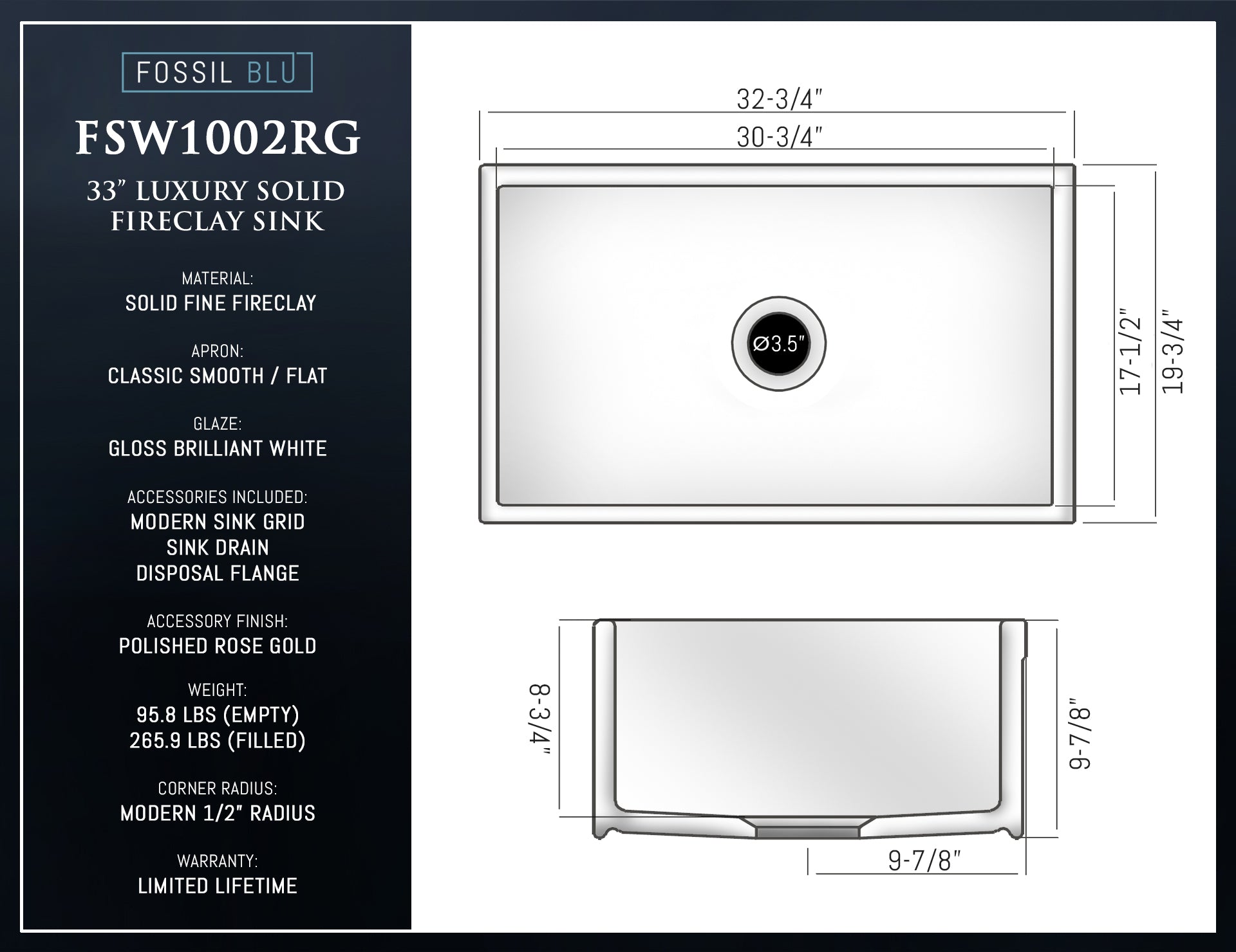 FSW1002RG LUXURY 33-INCH SOLID FIRECLAY FARMHOUSE SINK IN WHITE, POL. ROSE GOLD ACCS, FLAT FRONT