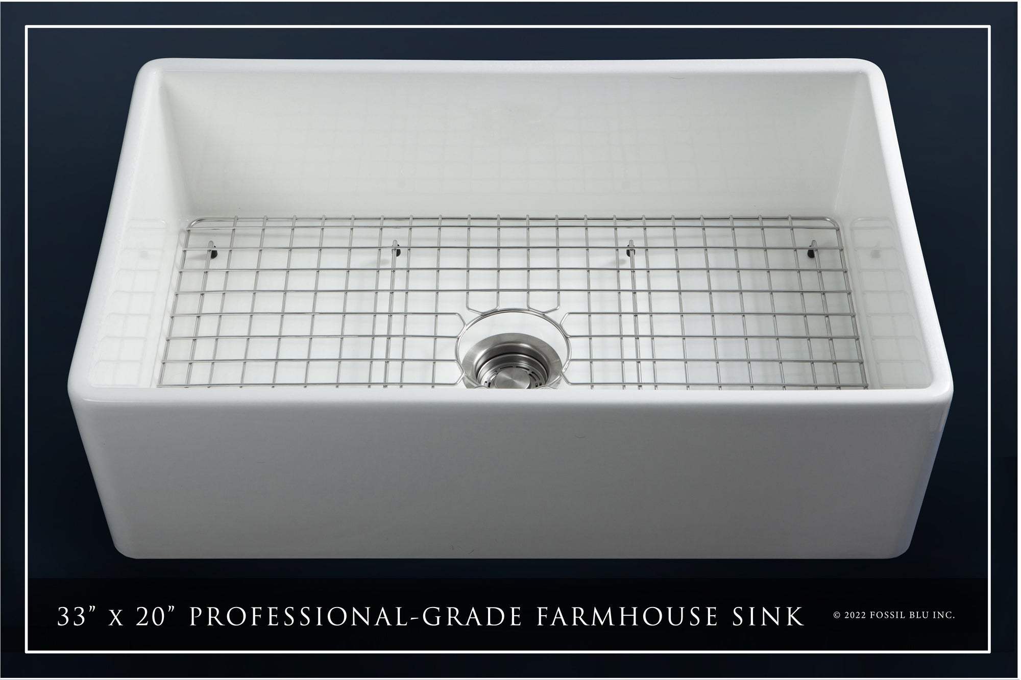 FSW1002 LUXURY 33-INCH SOLID FIRECLAY FARMHOUSE SINK IN WHITE, STAINLESS STEEL ACCS, FLAT FRONT