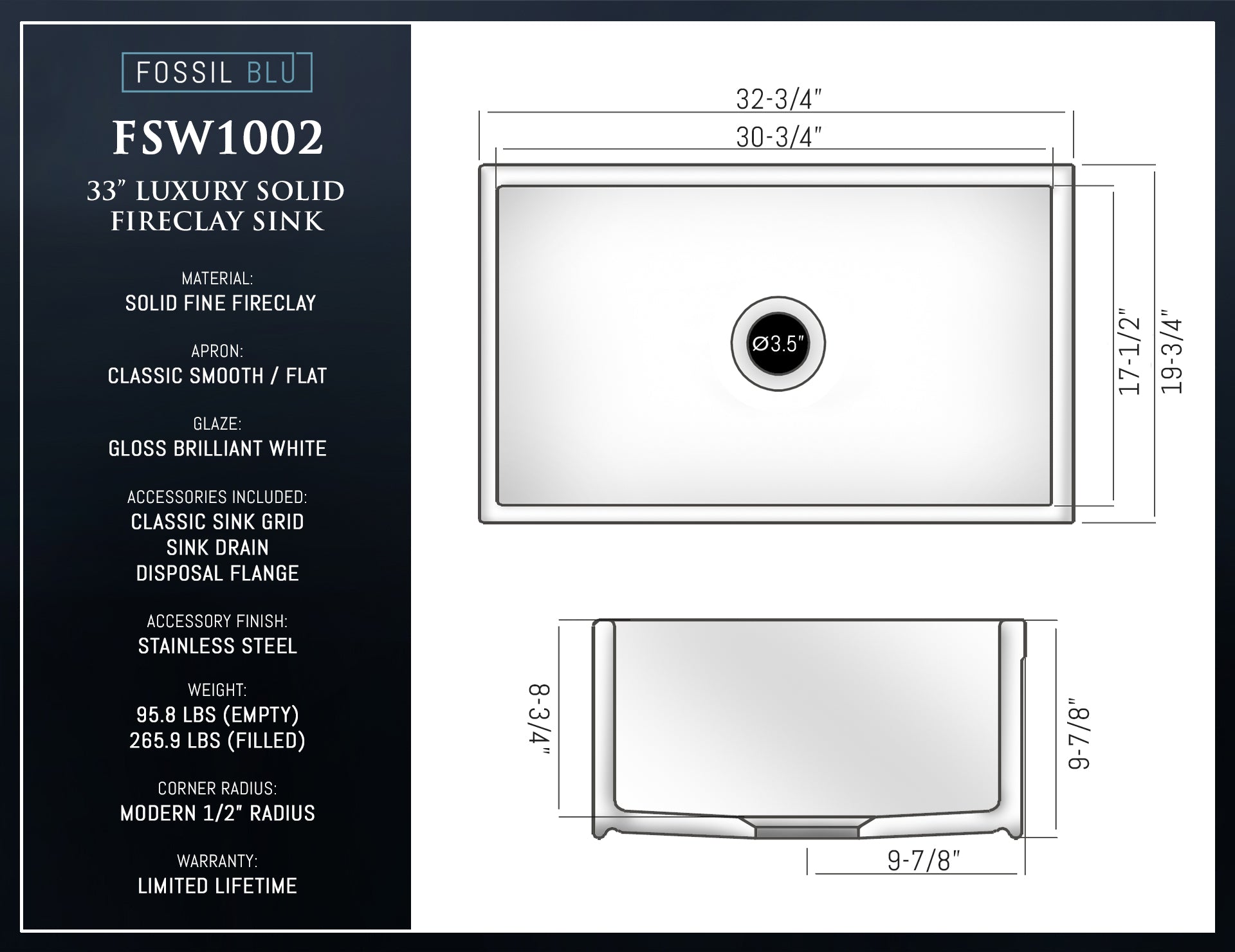 FSW1002 LUXURY 33-INCH SOLID FIRECLAY FARMHOUSE SINK IN WHITE, STAINLESS STEEL ACCS, FLAT FRONT