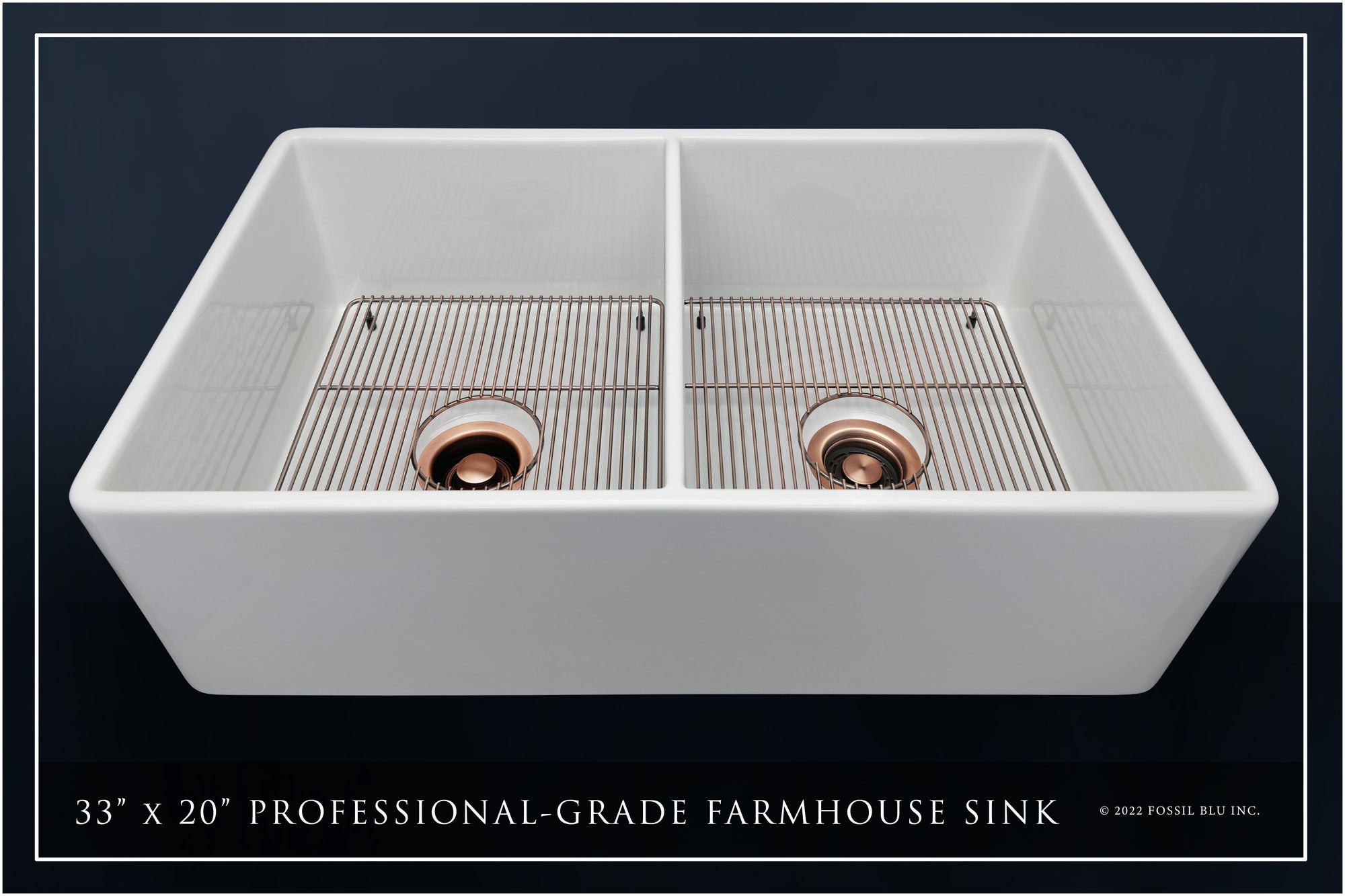 FSW1003AC LUXURY 33-INCH SOLID FIRECLAY FARMHOUSE SINK IN WHITE, ANTIQUE COPPER ACCS, FLAT FRONT