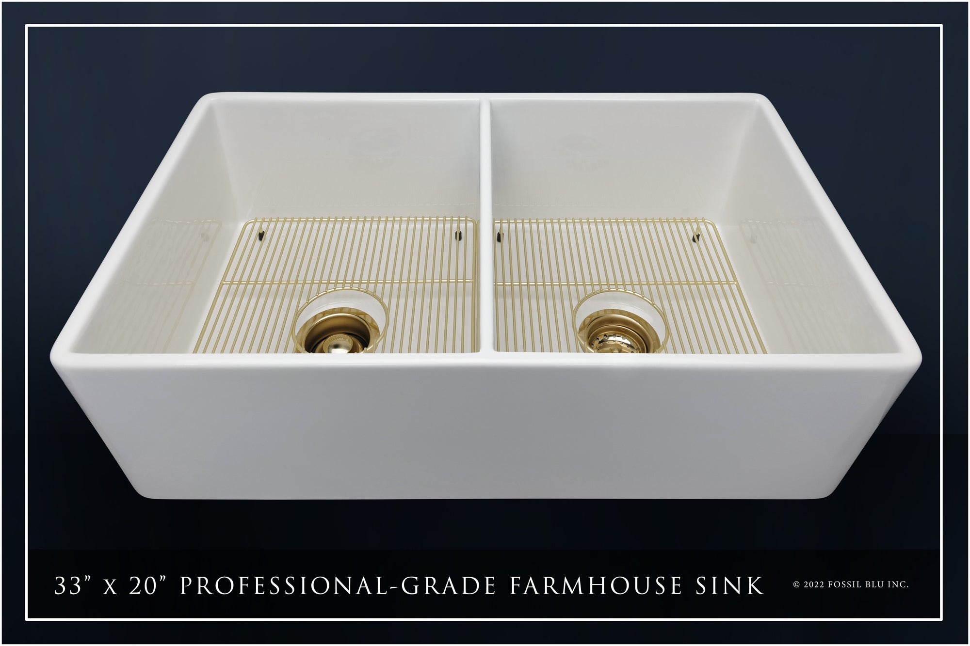 FSW1003BB LUXURY 33-INCH SOLID FIRECLAY FARMHOUSE SINK IN WHITE, MATTE GOLD ACCS, FLAT FRONT