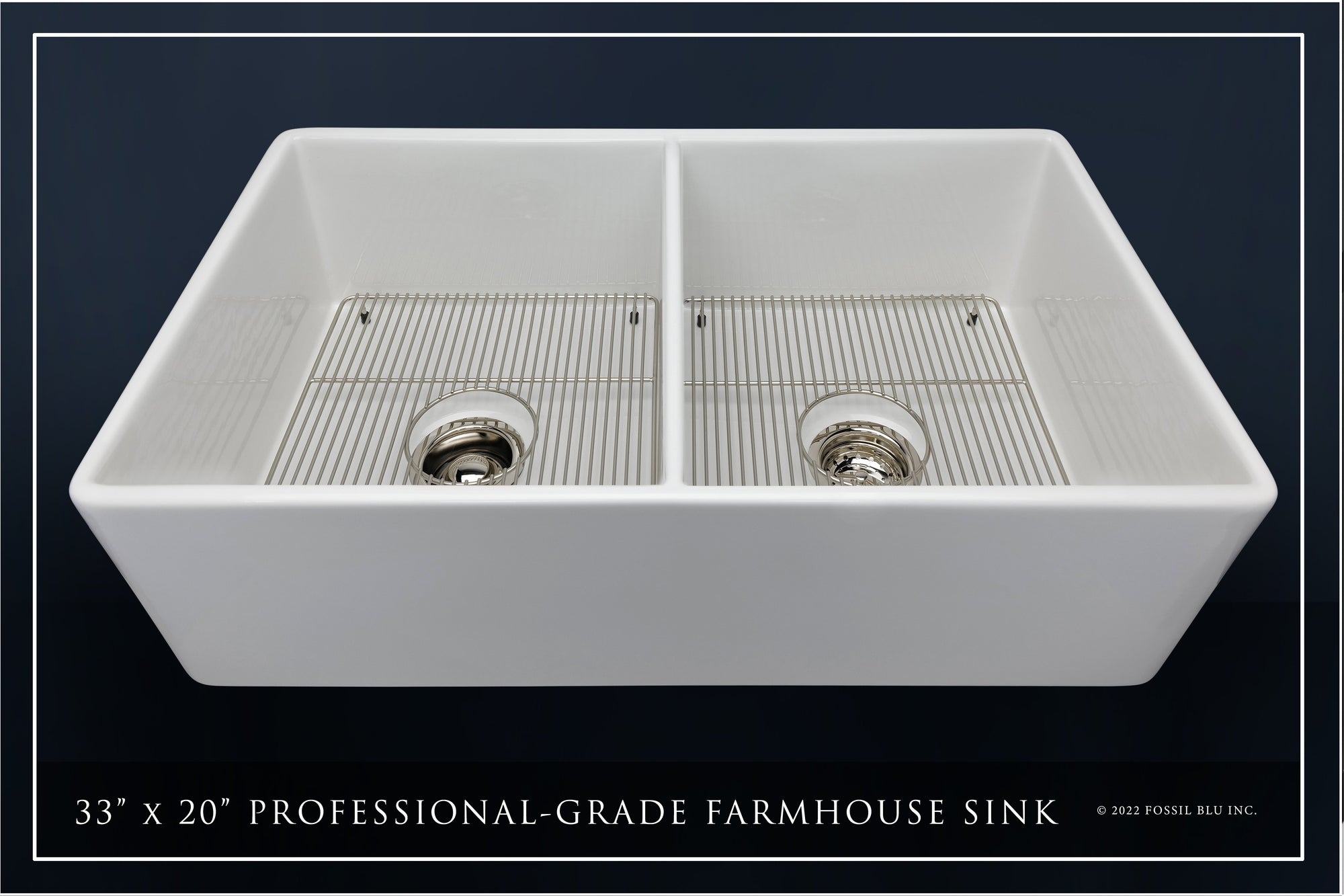 FSW1003PN LUXURY 33-INCH SOLID FIRECLAY FARMHOUSE SINK IN WHITE, POLISHED NICKEL ACCS, FLAT FRONT