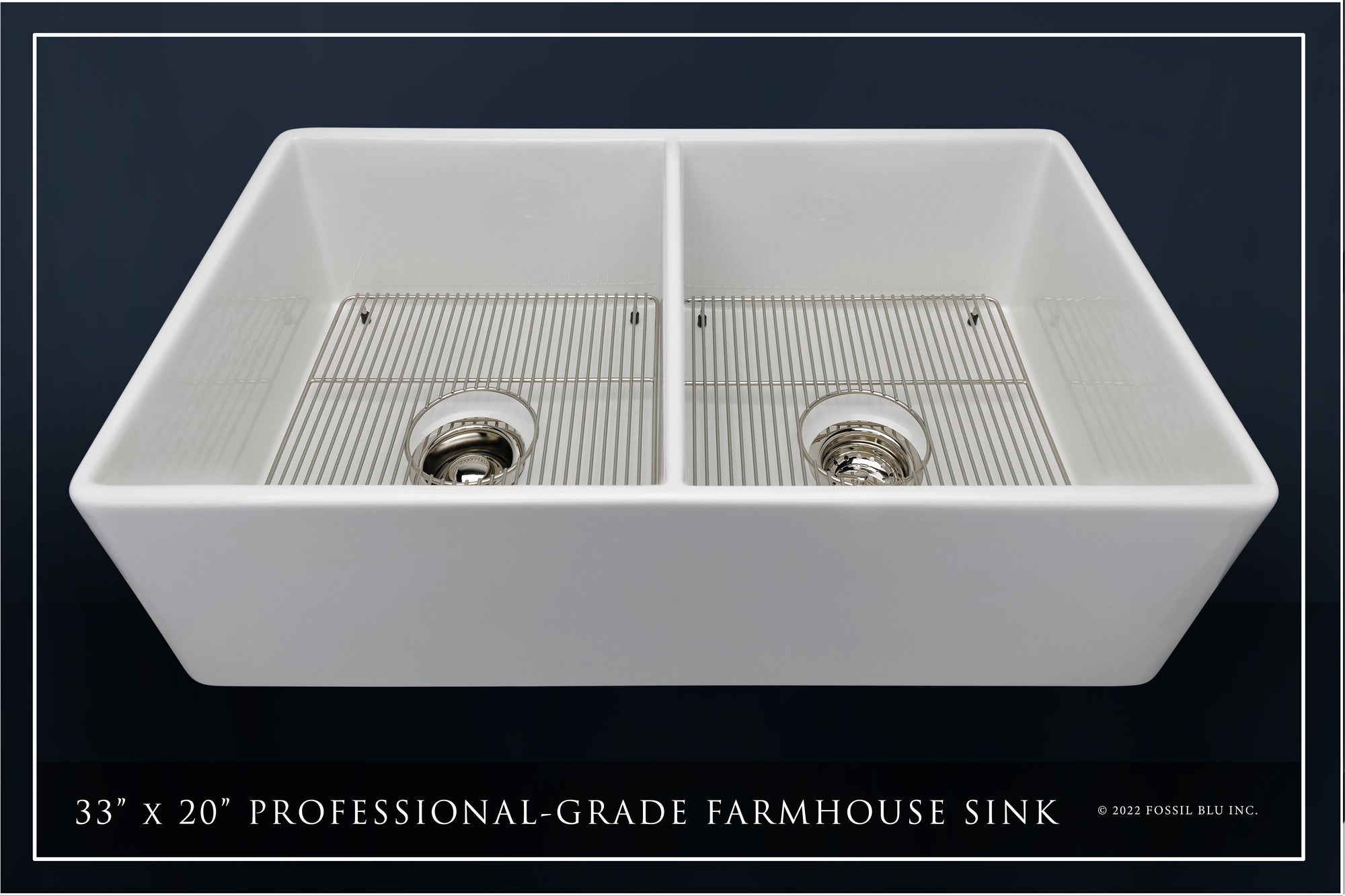 FSW1003PN LUXURY 33-INCH SOLID FIRECLAY FARMHOUSE SINK IN WHITE, POLISHED NICKEL ACCS, FLAT FRONT