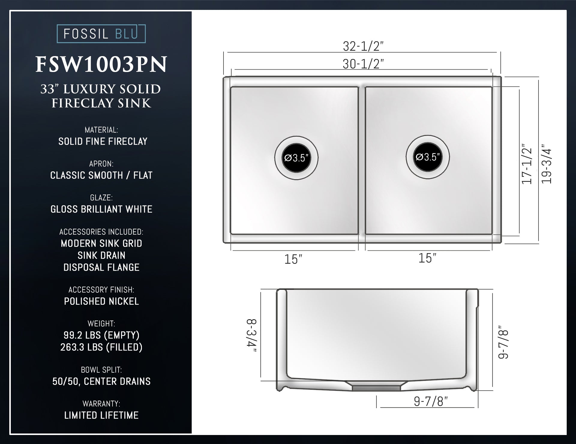 FSW1003PN LUXURY 33-INCH SOLID FIRECLAY FARMHOUSE SINK IN WHITE, POLISHED NICKEL ACCS, FLAT FRONT