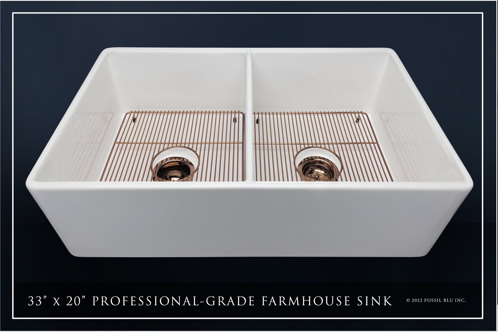 FSW1003RG LUXURY 33-INCH SOLID FIRECLAY FARMHOUSE SINK IN WHITE, POL. ROSE GOLD ACCS, FLAT FRONT