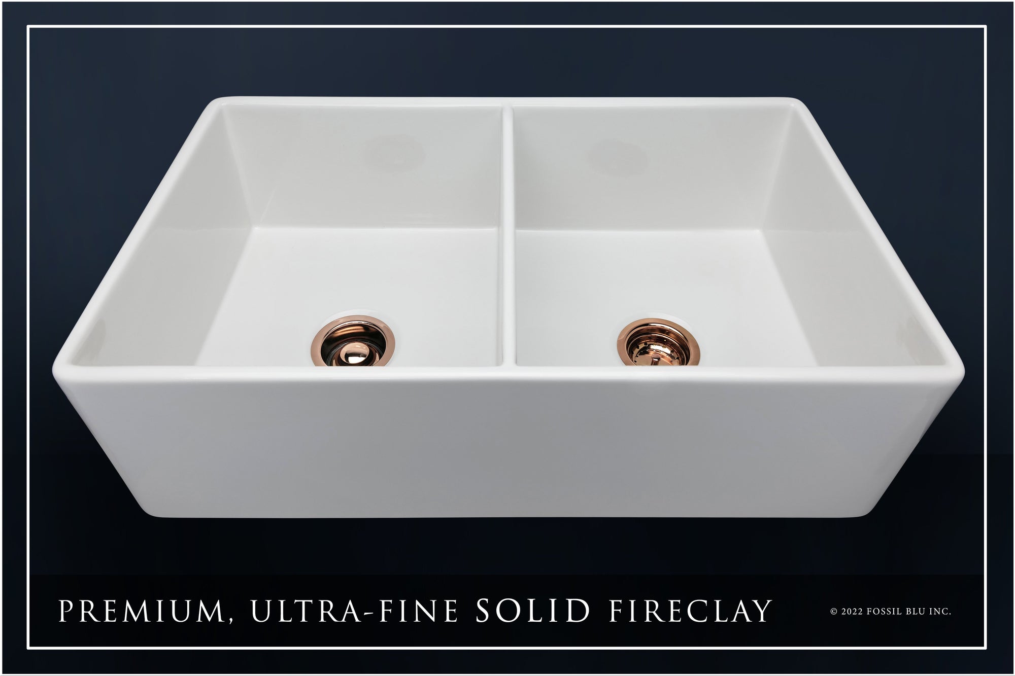 FSW1003RG LUXURY 33-INCH SOLID FIRECLAY FARMHOUSE SINK IN WHITE, POL. ROSE GOLD ACCS, FLAT FRONT