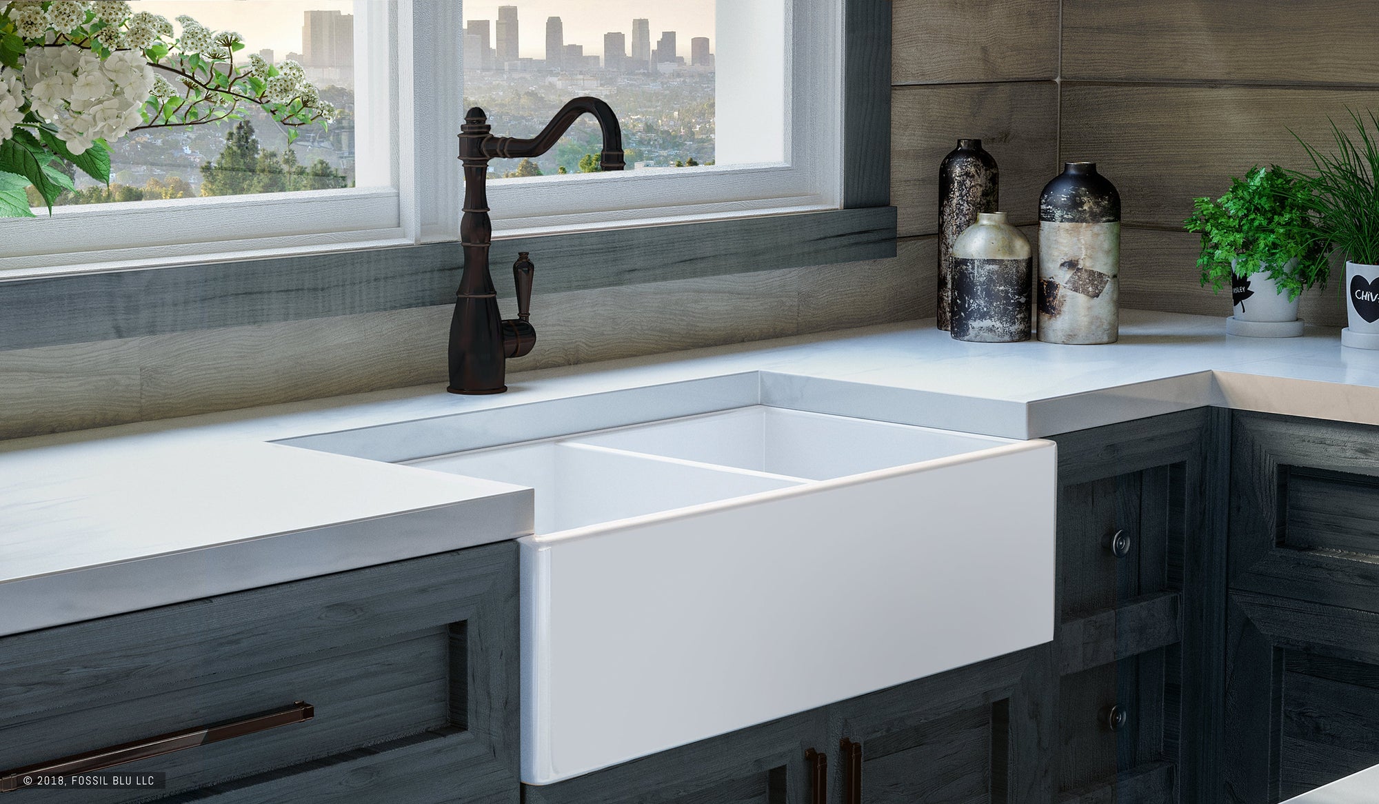 FSW1042 Luxury 33-inch Solid Fireclay Farmhouse Sink, Matte Gray, St. Steel Accs, Flat Front