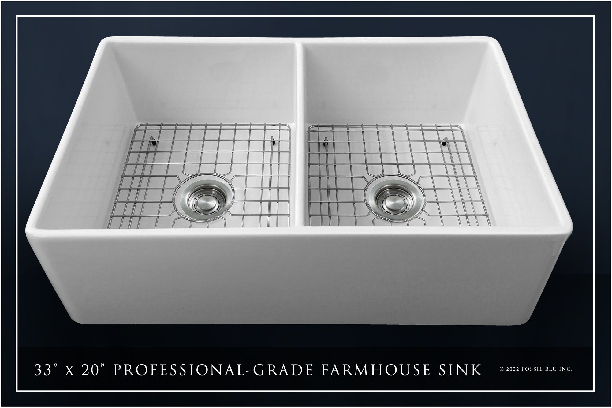 FSW1003 LUXURY 33-INCH SOLID FIRECLAY FARMHOUSE SINK IN WHITE, STAINLESS STEEL ACCS, FLAT FRONT