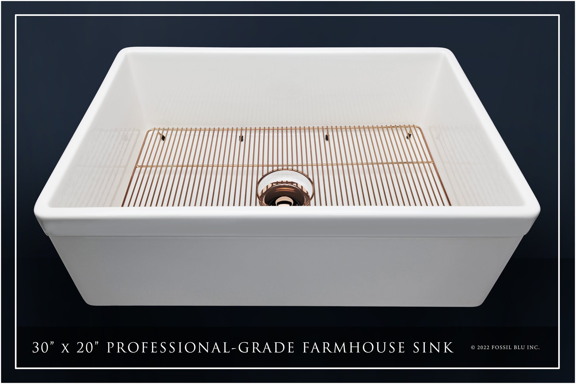 FSW1004RG LUXURY 30-INCH SOLID FIRECLAY FARMHOUSE SINK IN WHITE, POL. ROSE GOLD ACCS, BELTED FRONT