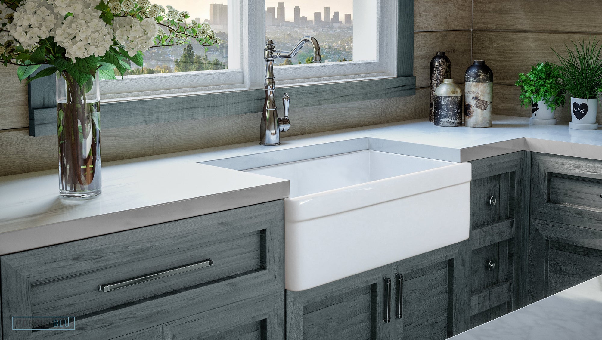 FSW1004MB LUXURY 30-INCH SOLID FIRECLAY FARMHOUSE SINK IN WHITE, MATTE BLACK ACCS, BELTED FRONT