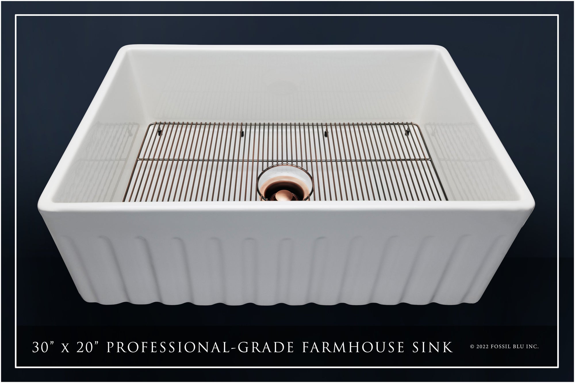FSW1005AC LUXURY 30-INCH SOLID FIRECLAY FARMHOUSE SINK IN WHITE, ANTIQUE COPPER ACCS, FLUTED FRONT