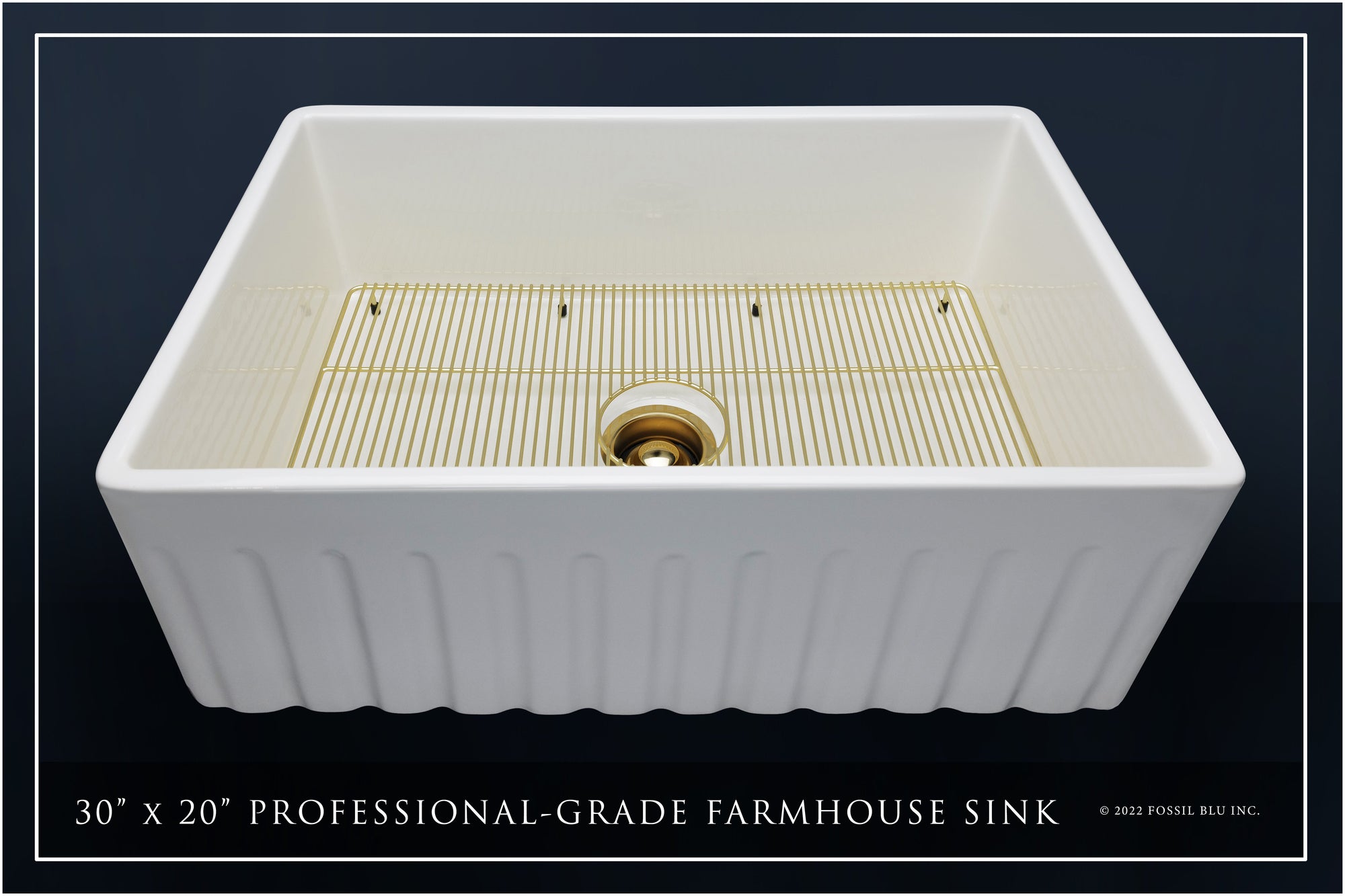 FSW1005BB LUXURY 30-INCH SOLID FIRECLAY FARMHOUSE SINK IN WHITE, MATTE GOLD ACCS, FLUTED FRONT