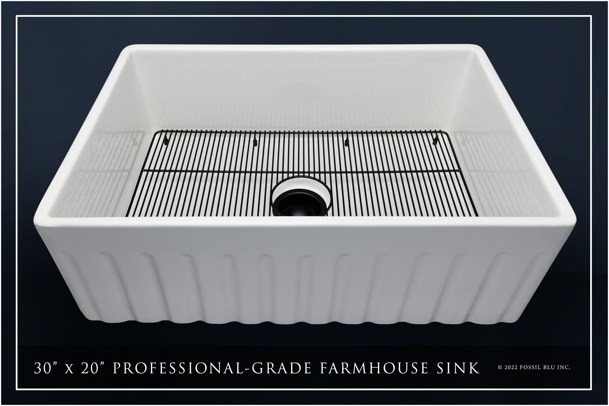 FSW1005MB LUXURY 30-INCH SOLID FIRECLAY FARMHOUSE SINK IN WHITE, MATTE BLACK ACCS, FLUTED FRONT