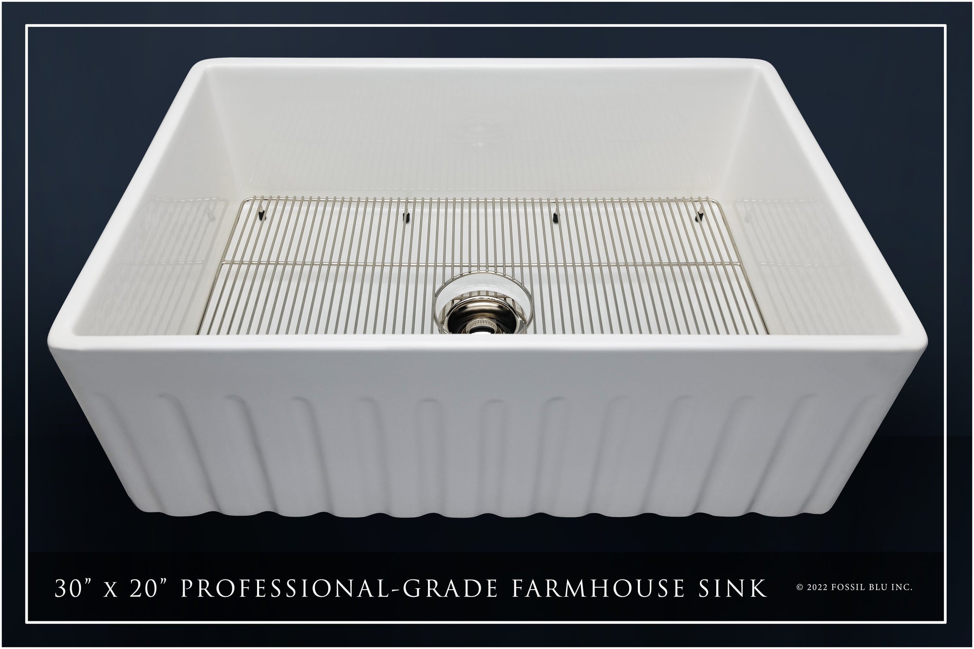 FSW1005PN LUXURY 30-INCH SOLID FIRECLAY FARMHOUSE SINK IN WHITE, POLISHED NICKEL ACCS, FLUTED FRONT